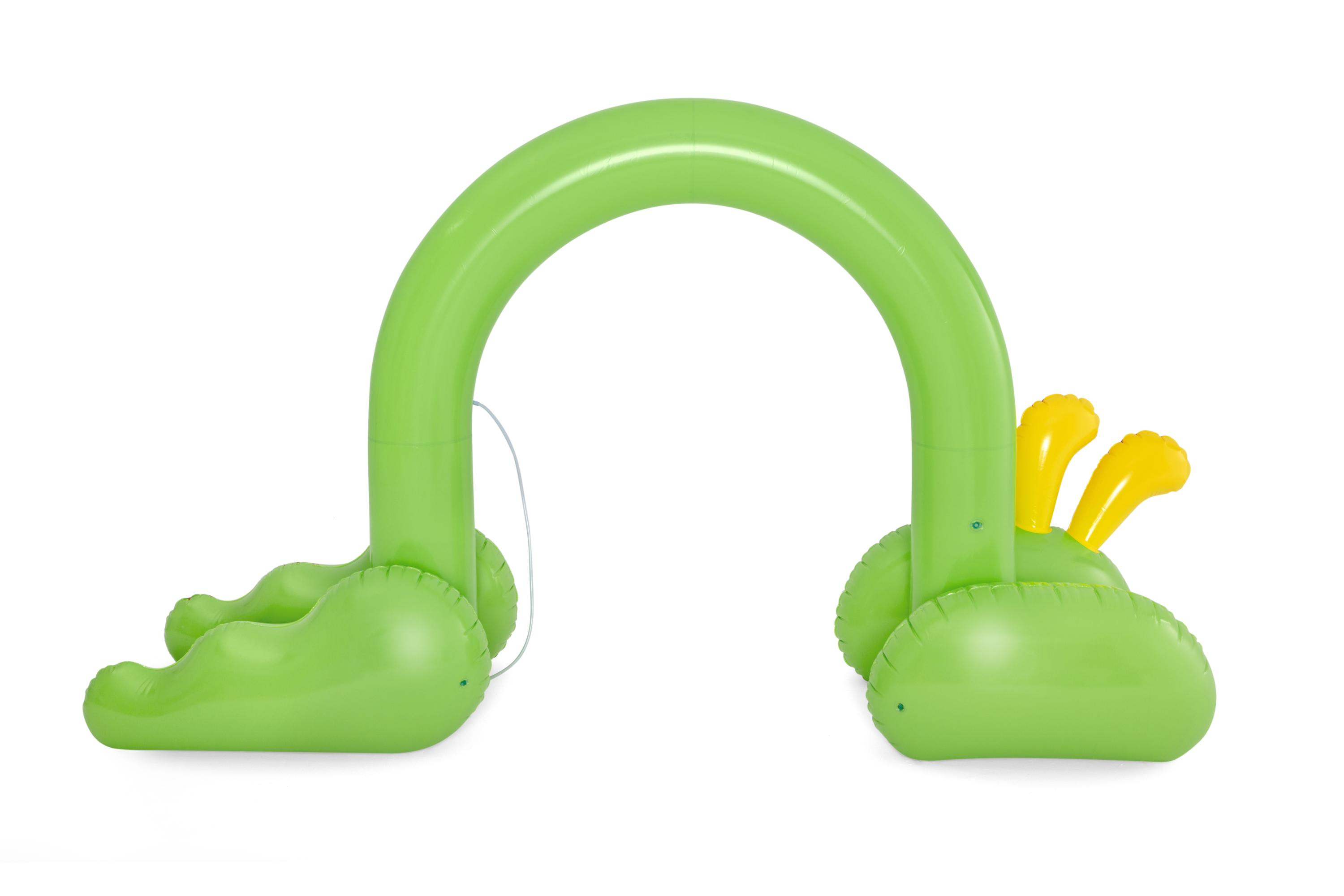 Arco inflable verde con detalles amarillos, sobre fondo blanco.