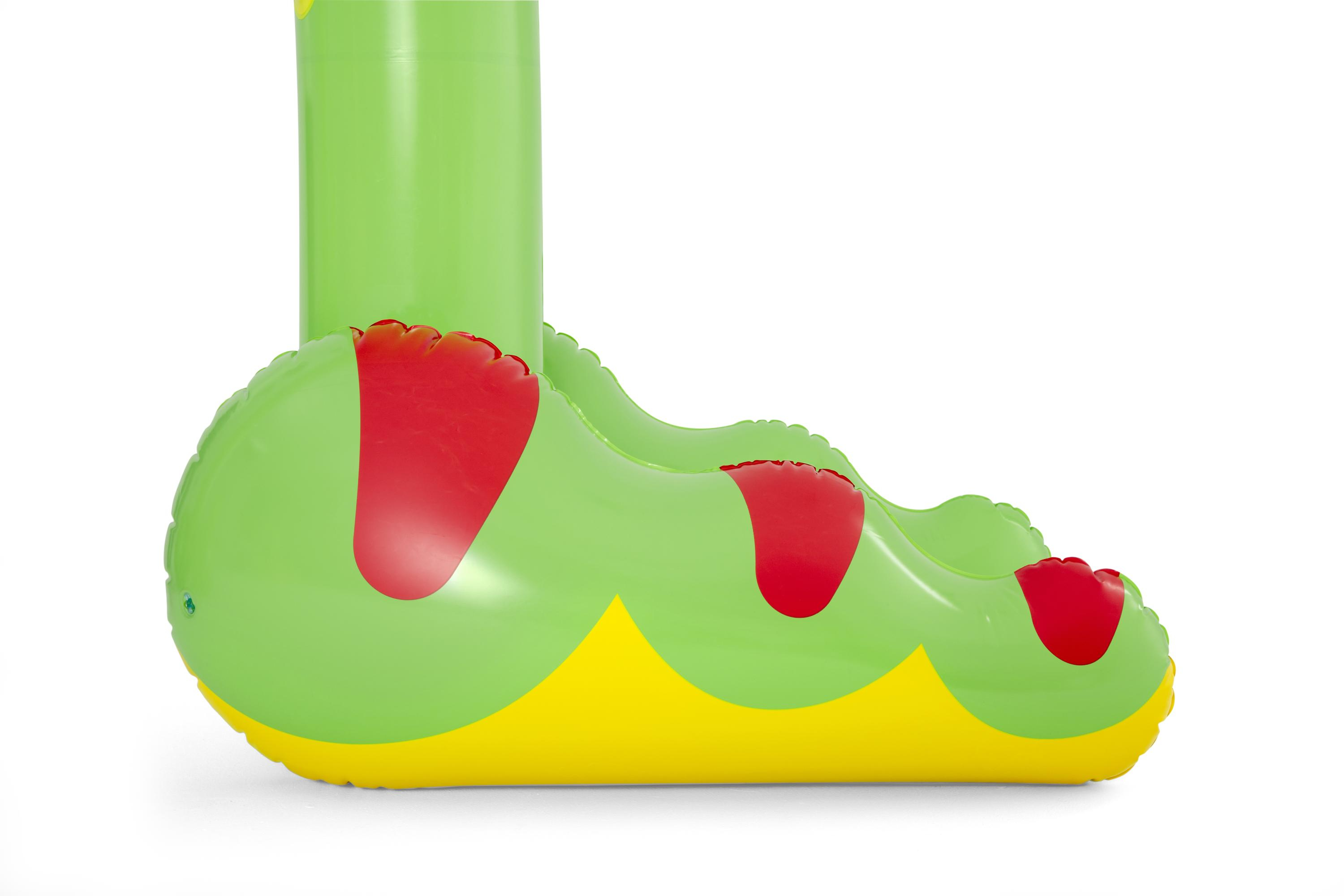 Pie de dinosaurio inflable verde y amarillo sobre un fondo blanco.