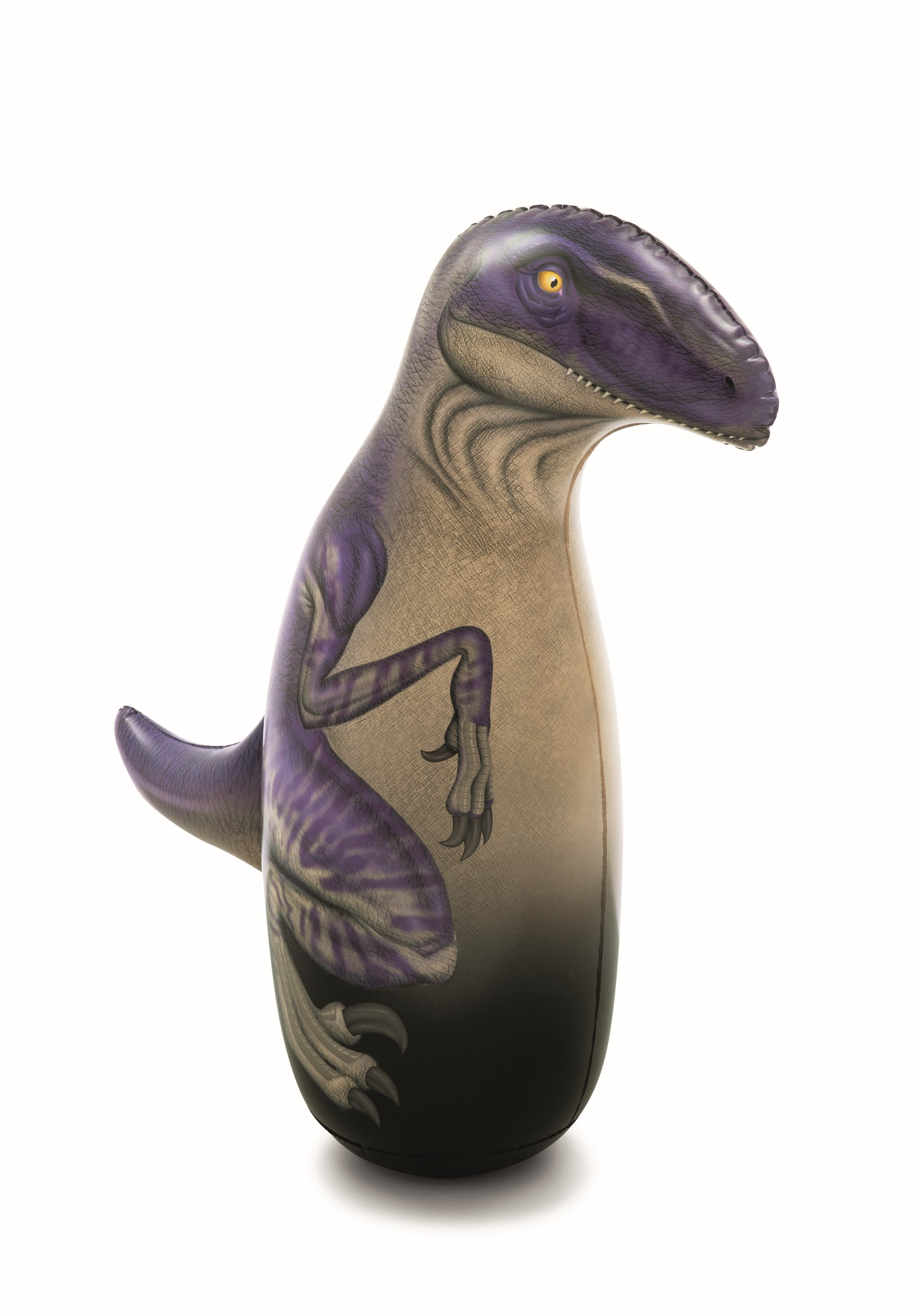 Nadmuchiwana zabawka dinozaura z fioletowym grzebieniem i beżowym ciałem, na białym tle.
