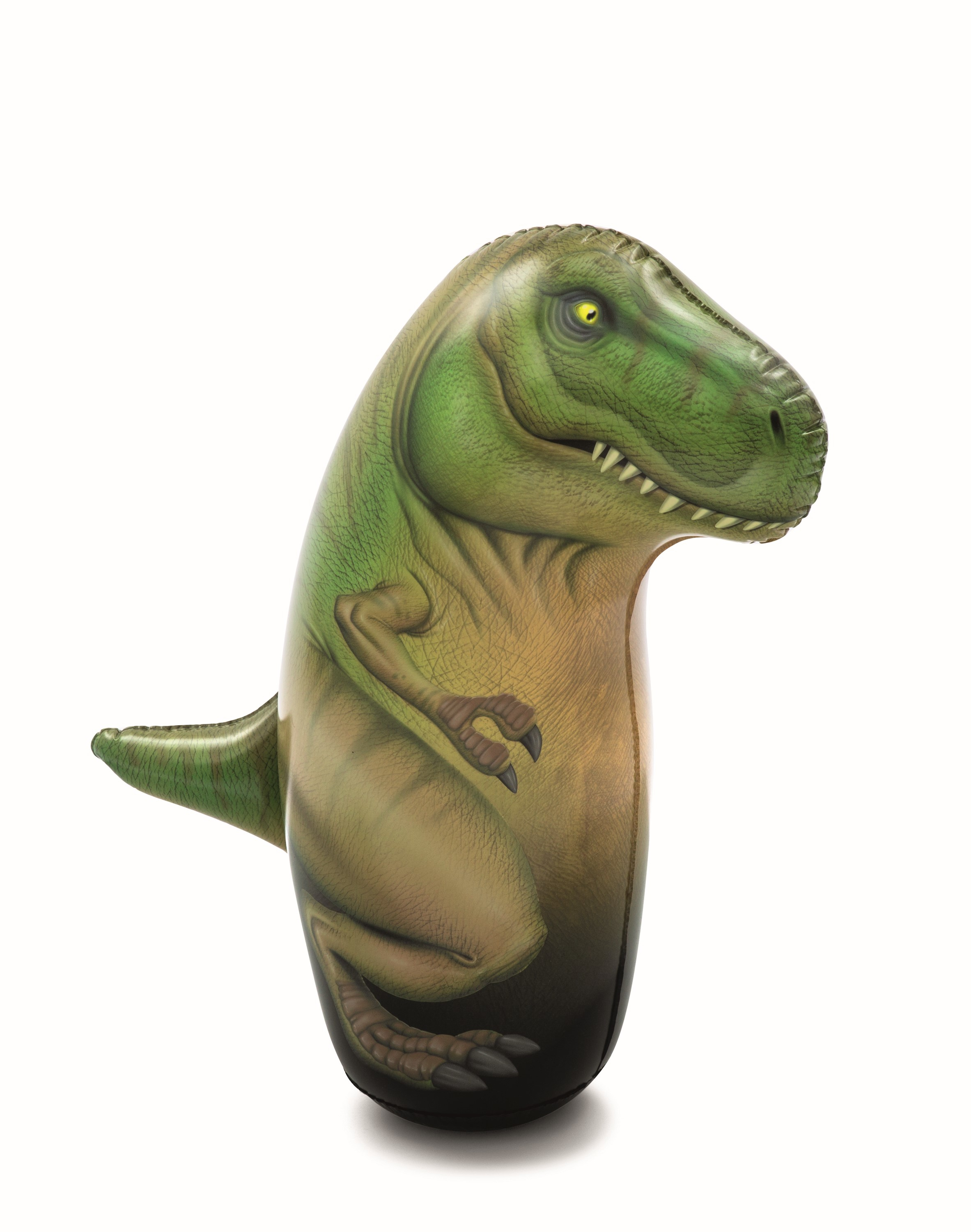 Dmuchany dinozaur T-Rex. Jest zielony i patrzy w lewo.