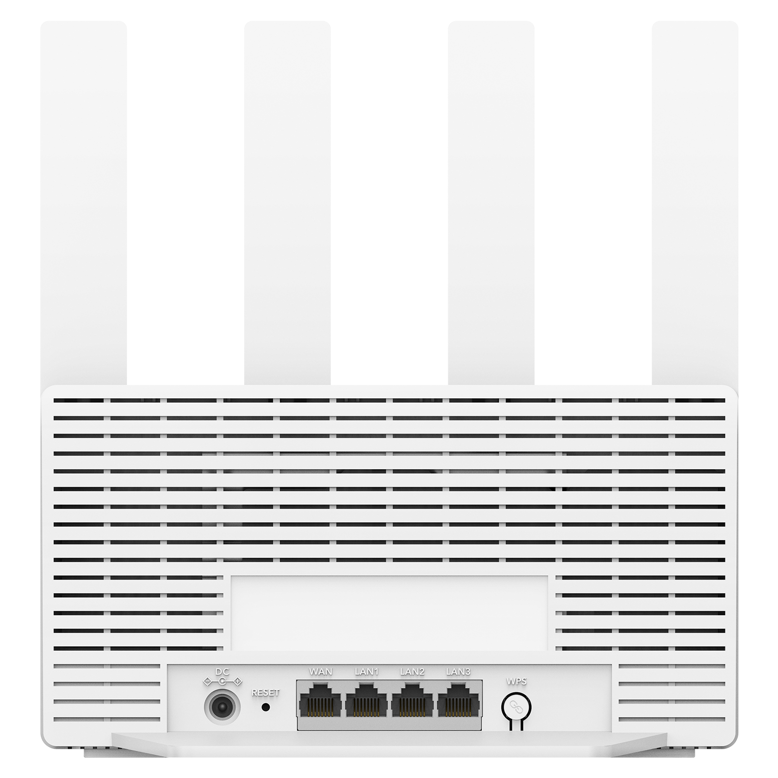 Router cudy bianco, vista posteriore con antenne, porte e pulsante WPS, isolato su sfondo bianco.