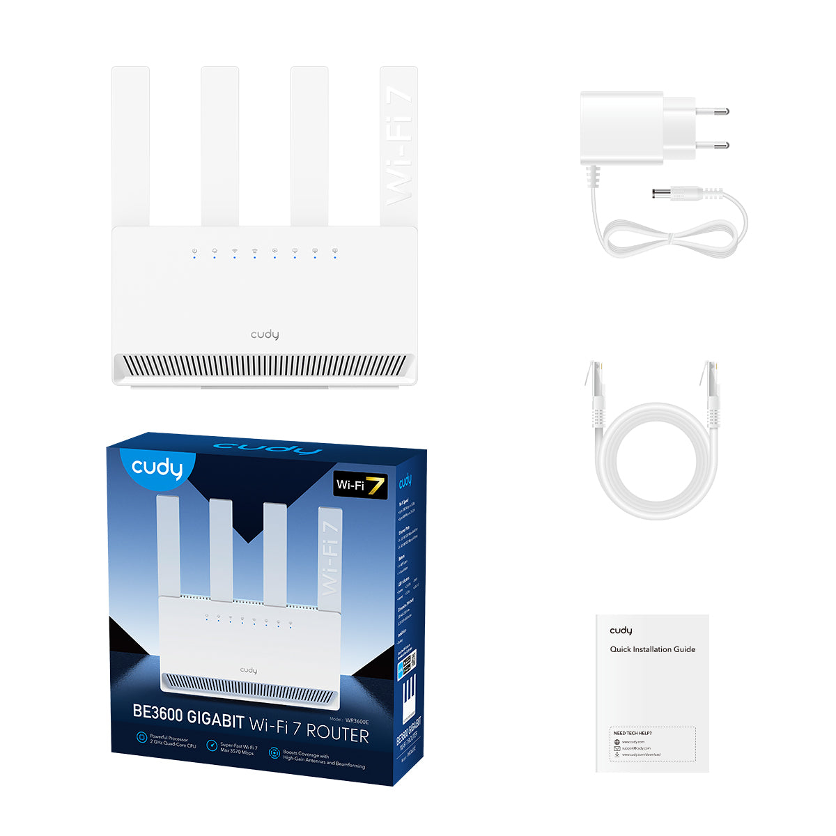 Set router Cudy BE3600 Gigabit Wi-Fi 7 con router, adattatore e cavi.