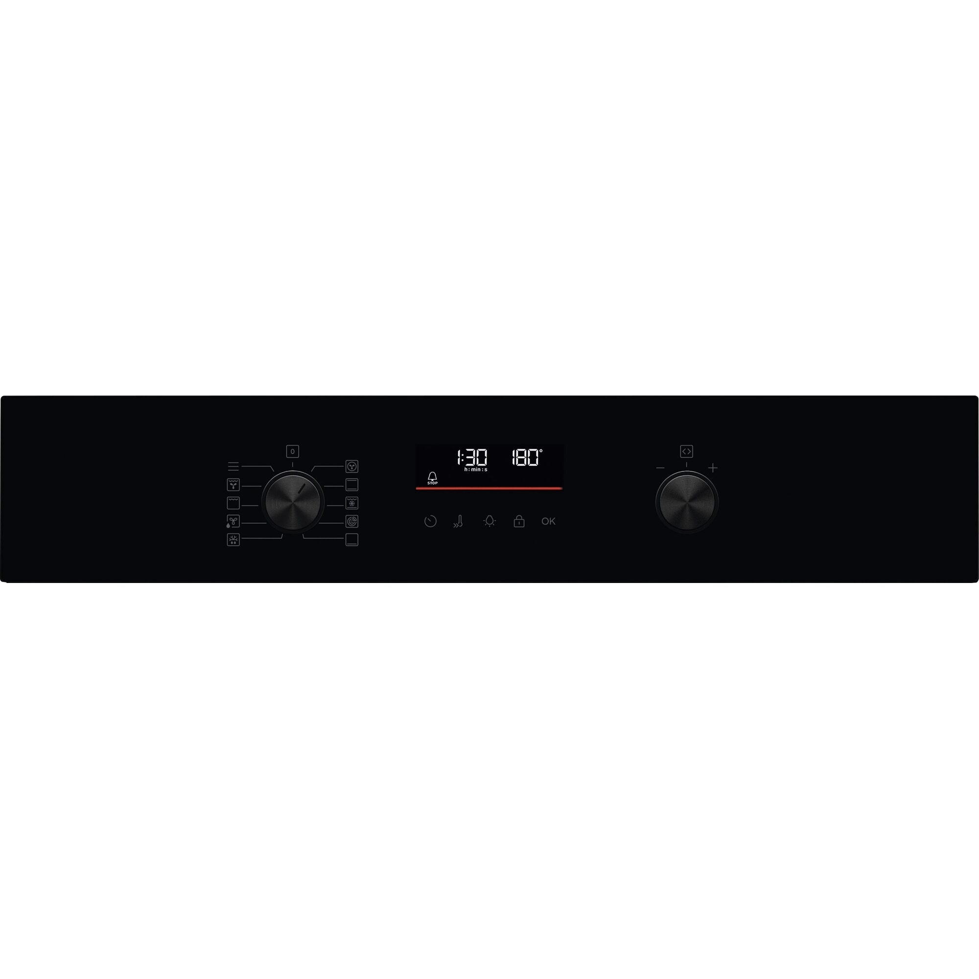 Schwarzes Gerätepaneel mit Knöpfen und einem Digitaldisplay mit Zeit und Temperatur.