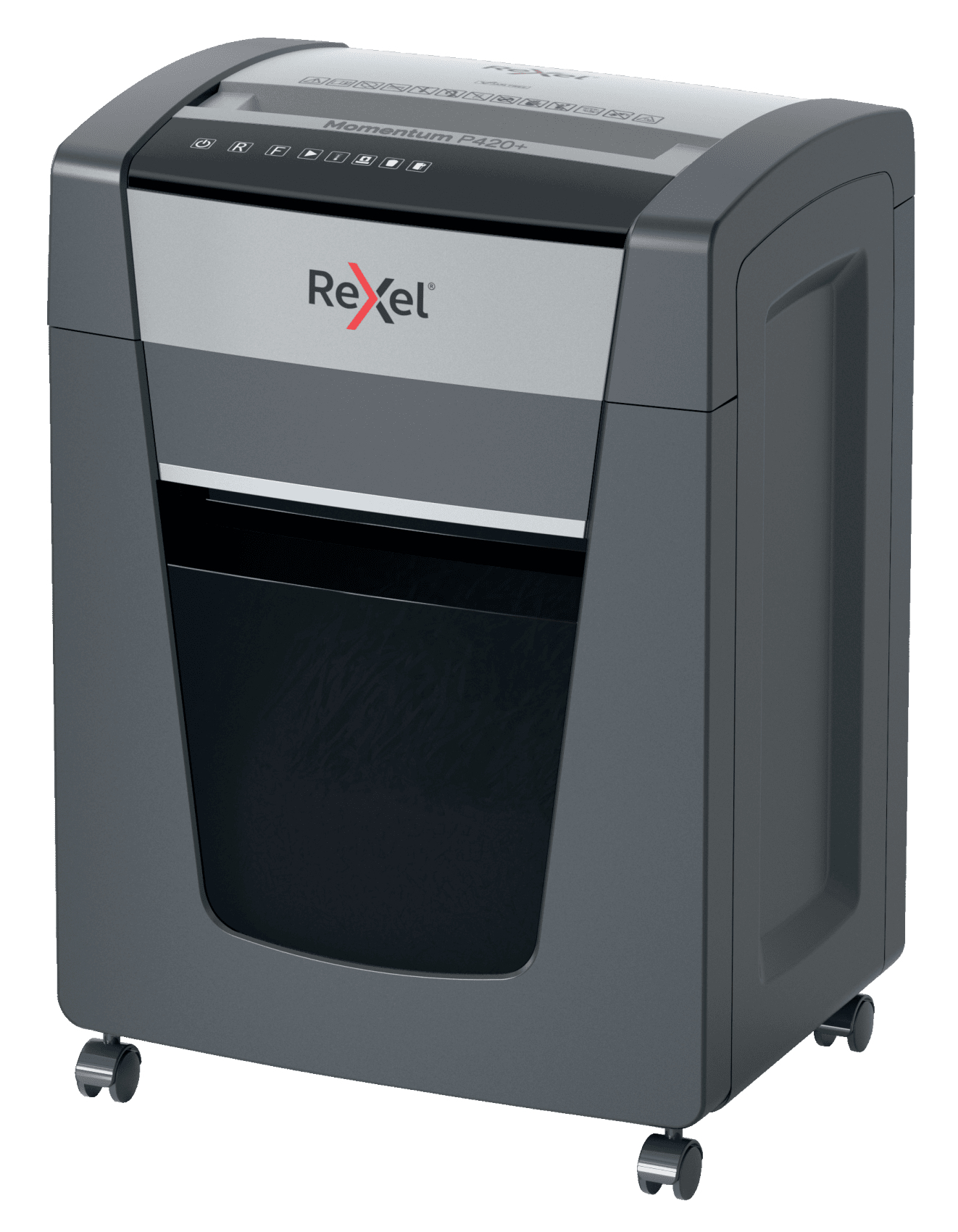 Un destructeur de papier gris avec le logo Rexel. Il a des roues et un grand bac à papier noir.