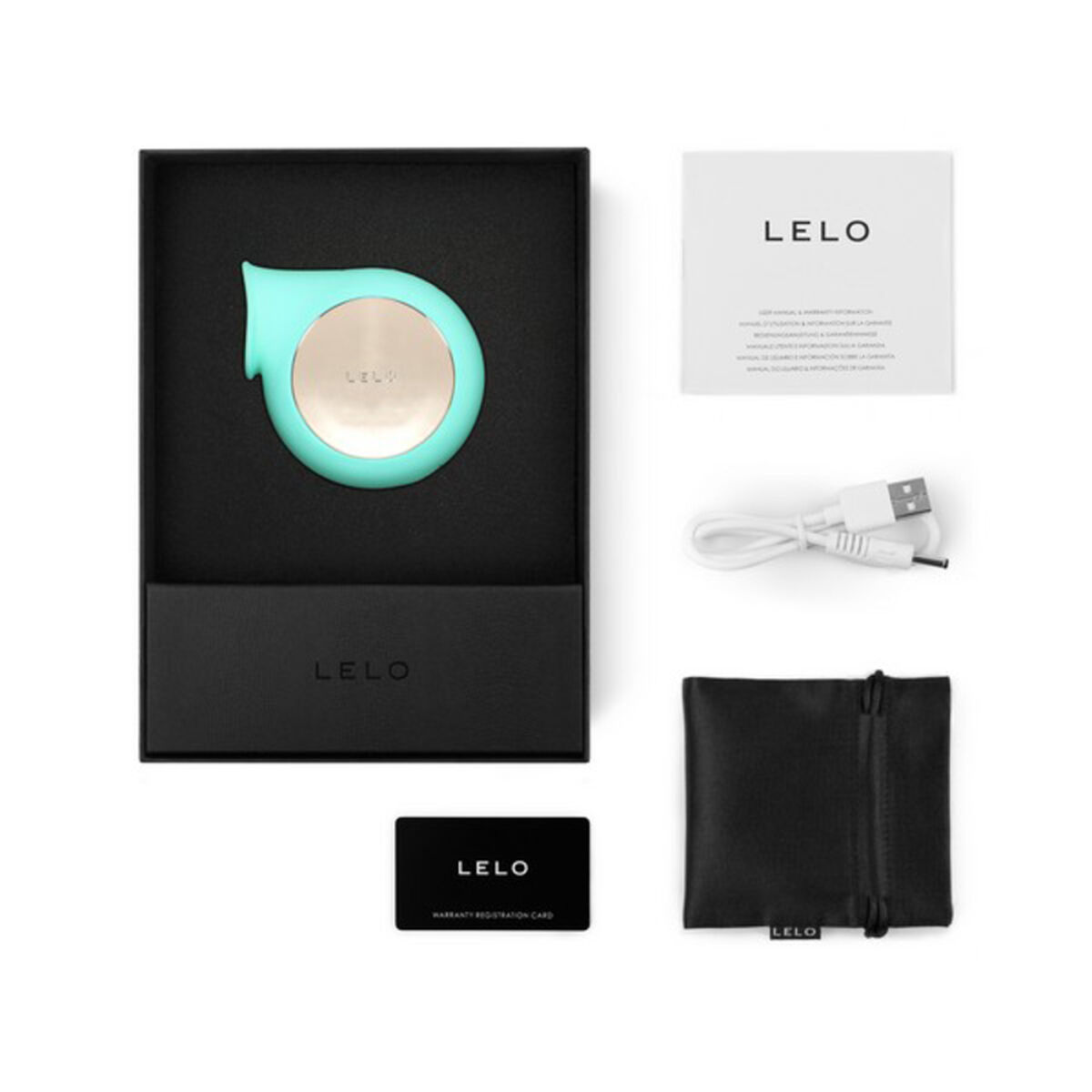 Caja con un juguete sexual, marca LELO, y accesorios.