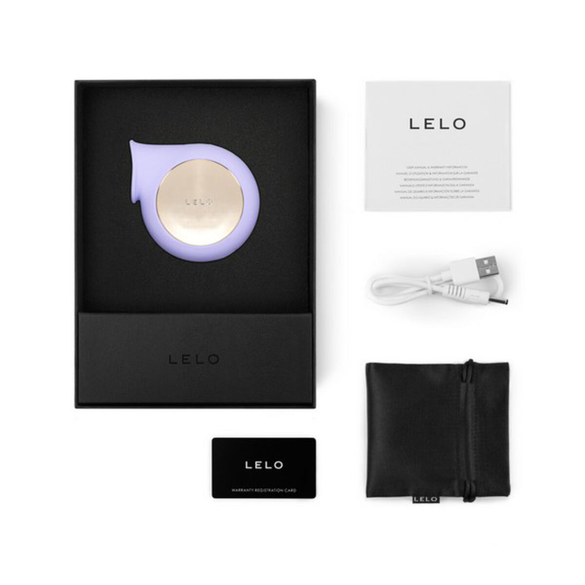Caja con un juguete sexual, marca LELO, y accesorios.