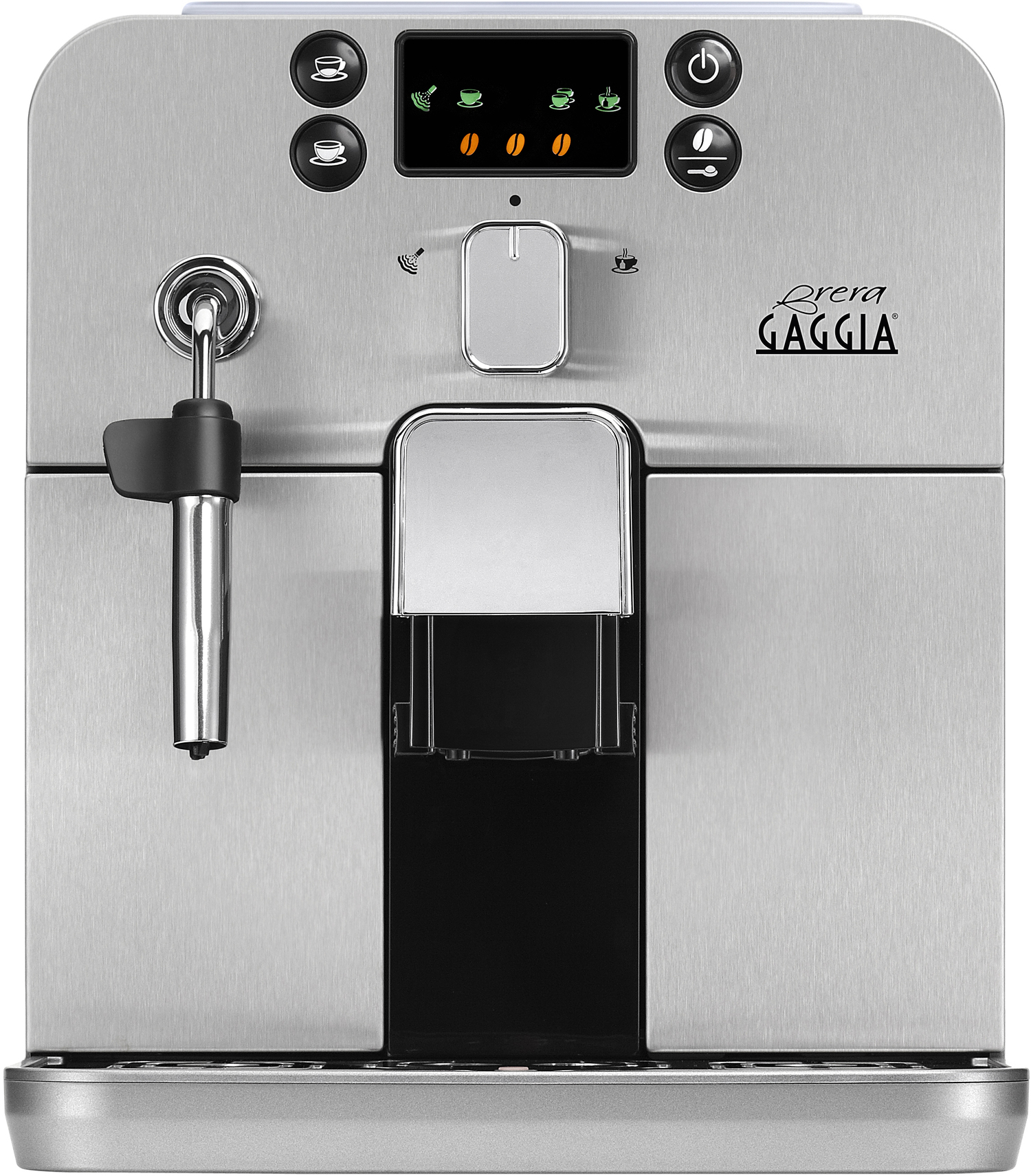Macchina per espresso Gaggia argentata. Pulsanti e display in alto. Lancia vapore a sinistra.