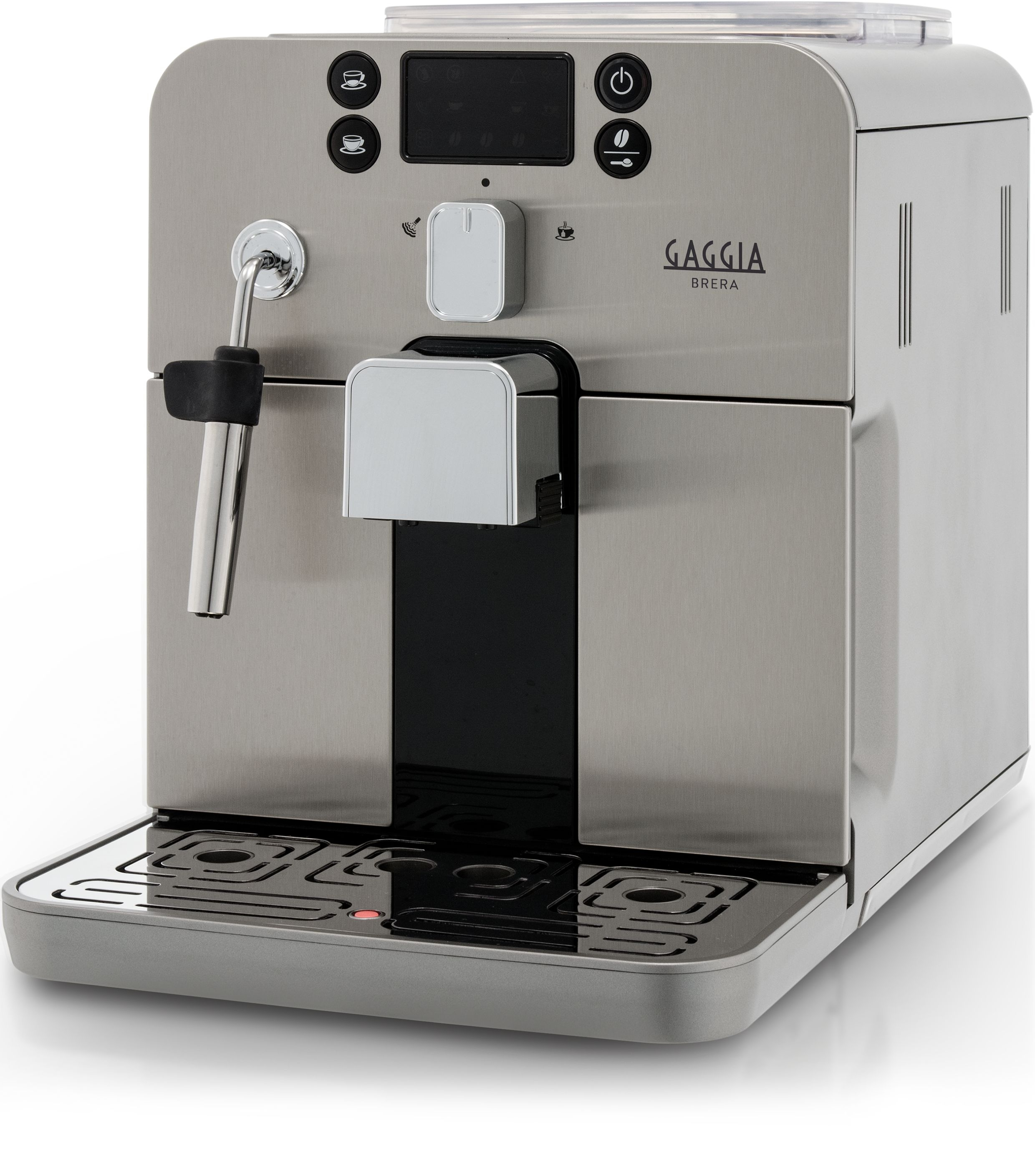 Una macchina per espresso Gaggia Brera argentata. Ha un piccolo display e una lancia vapore. È su una superficie bianca.