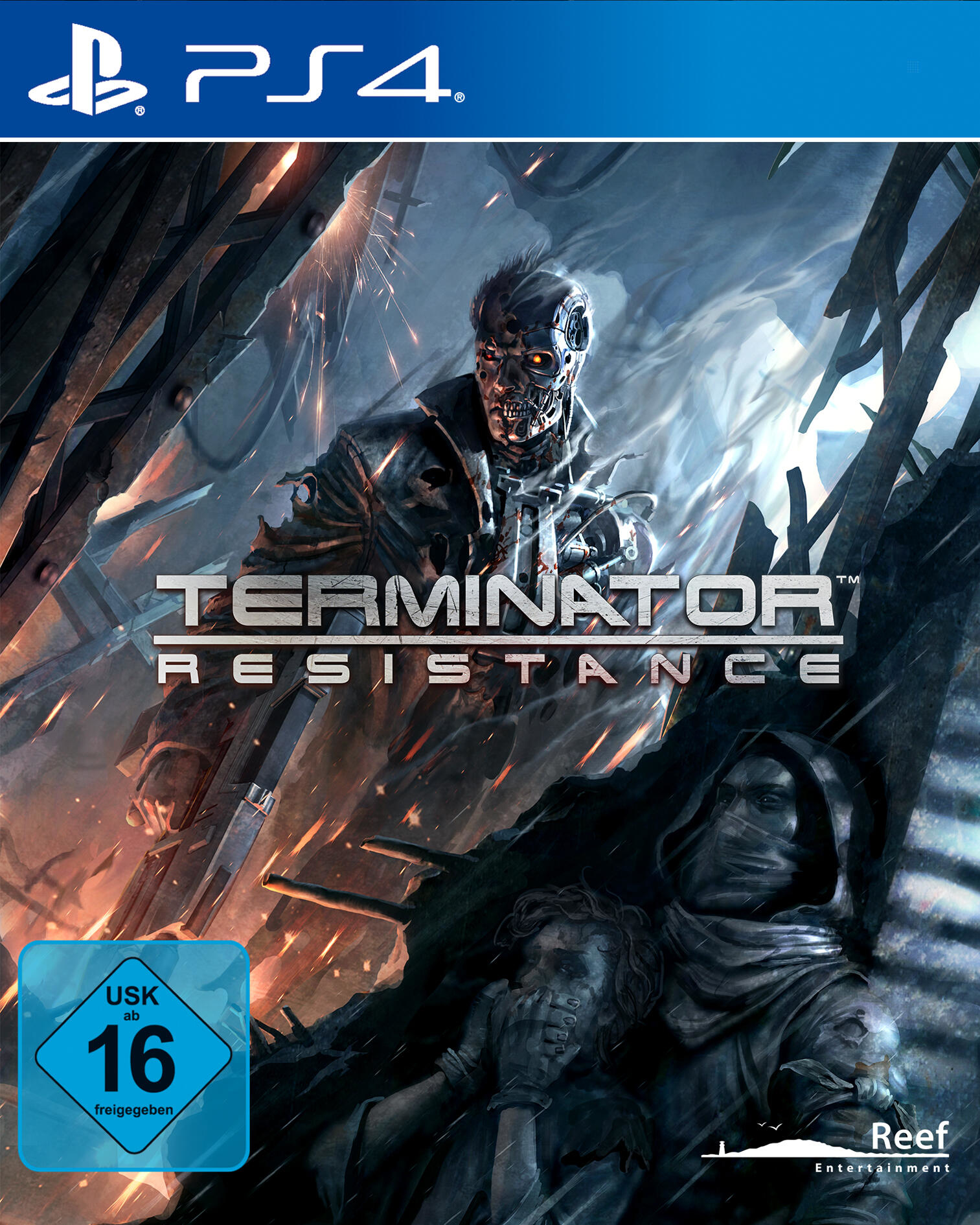 Copertina del gioco Terminator: Resistance per PS4 con un uomo e un robot su sfondo scuro.