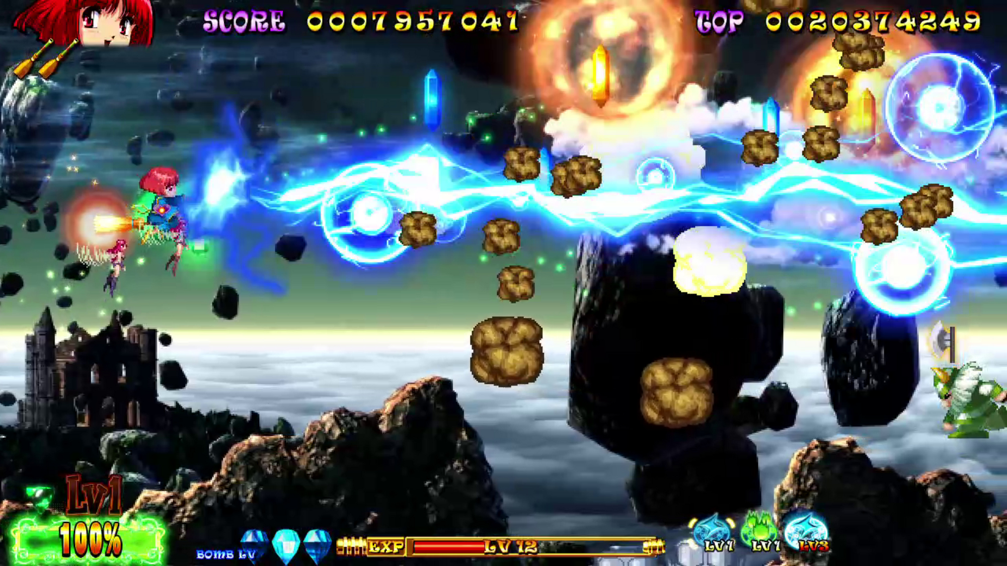 Scena z gry strzelanki w pikselach. Główna postać to dziewczyna w niebieskiej sukience.