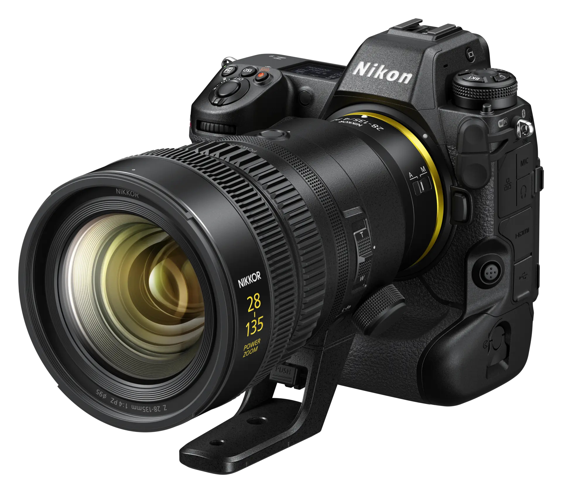 Cámara Nikon negra con lente adjunta, con detalles amarillos y negros.