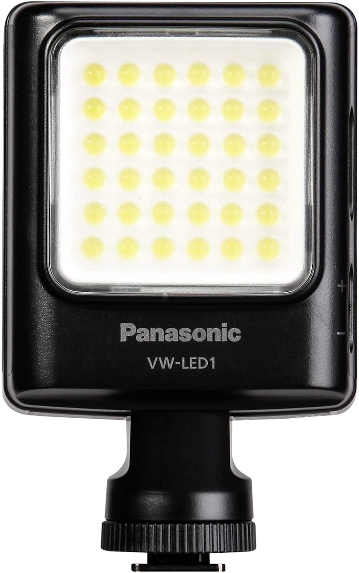 Ein kleines, schwarzes LED-Videolicht mit vielen kleinen, weißen LEDs auf weißem Hintergrund.