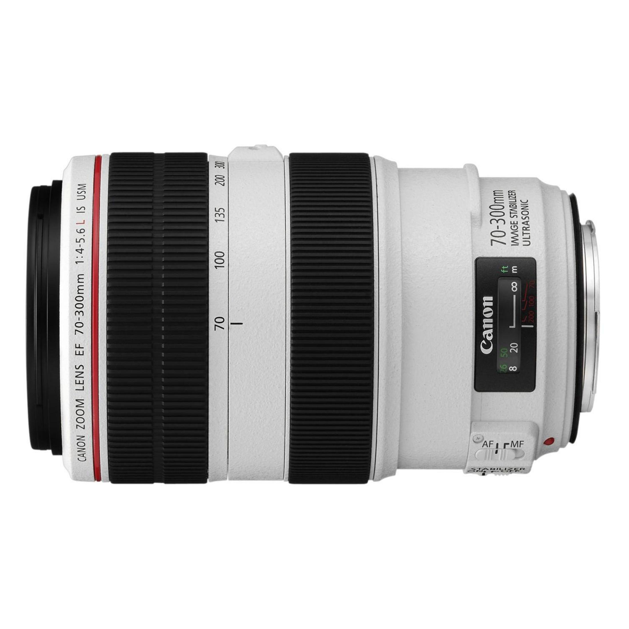 Biały i czarny obiektyw zoom Canon. Posiada zakres 70-300mm i różne oznaczenia.