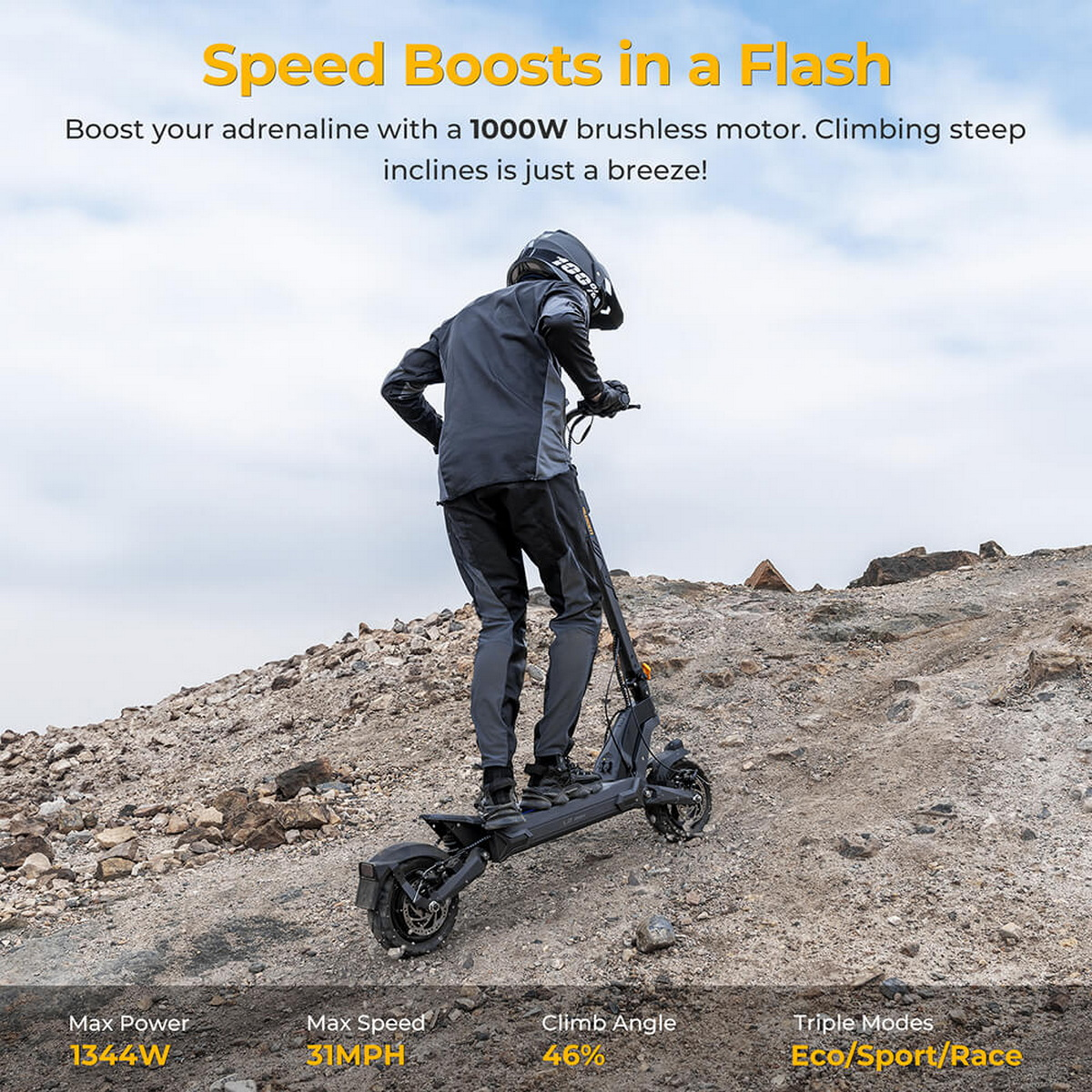 Osoba na skuterze wspina się na wzgórze. Tekst: zwiększenie prędkości, silnik 1000W, strome wzniesienia.