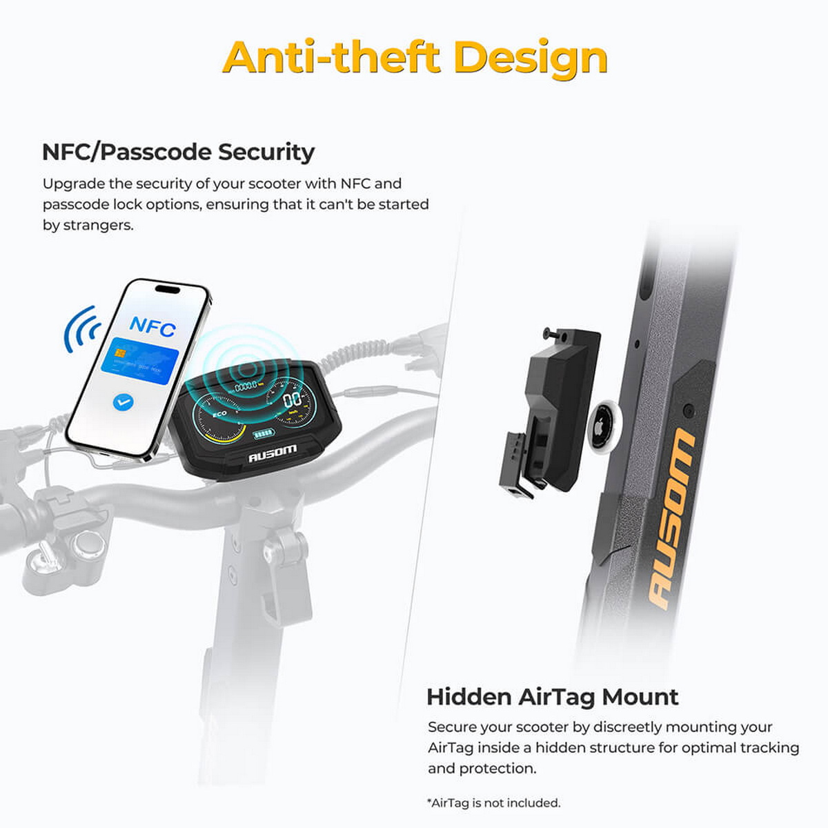 Obrazek pokazujący funkcje antykradzieżowe skutera: zabezpieczenia NFC/hasłem i uchwyt AirTag.