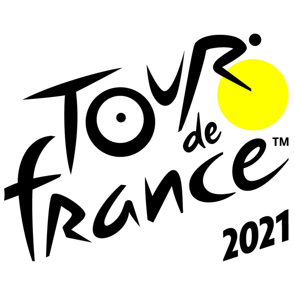 Logo Tour de France 2021. Czarny tekst i postać na białym tle, z żółtym okręgiem.