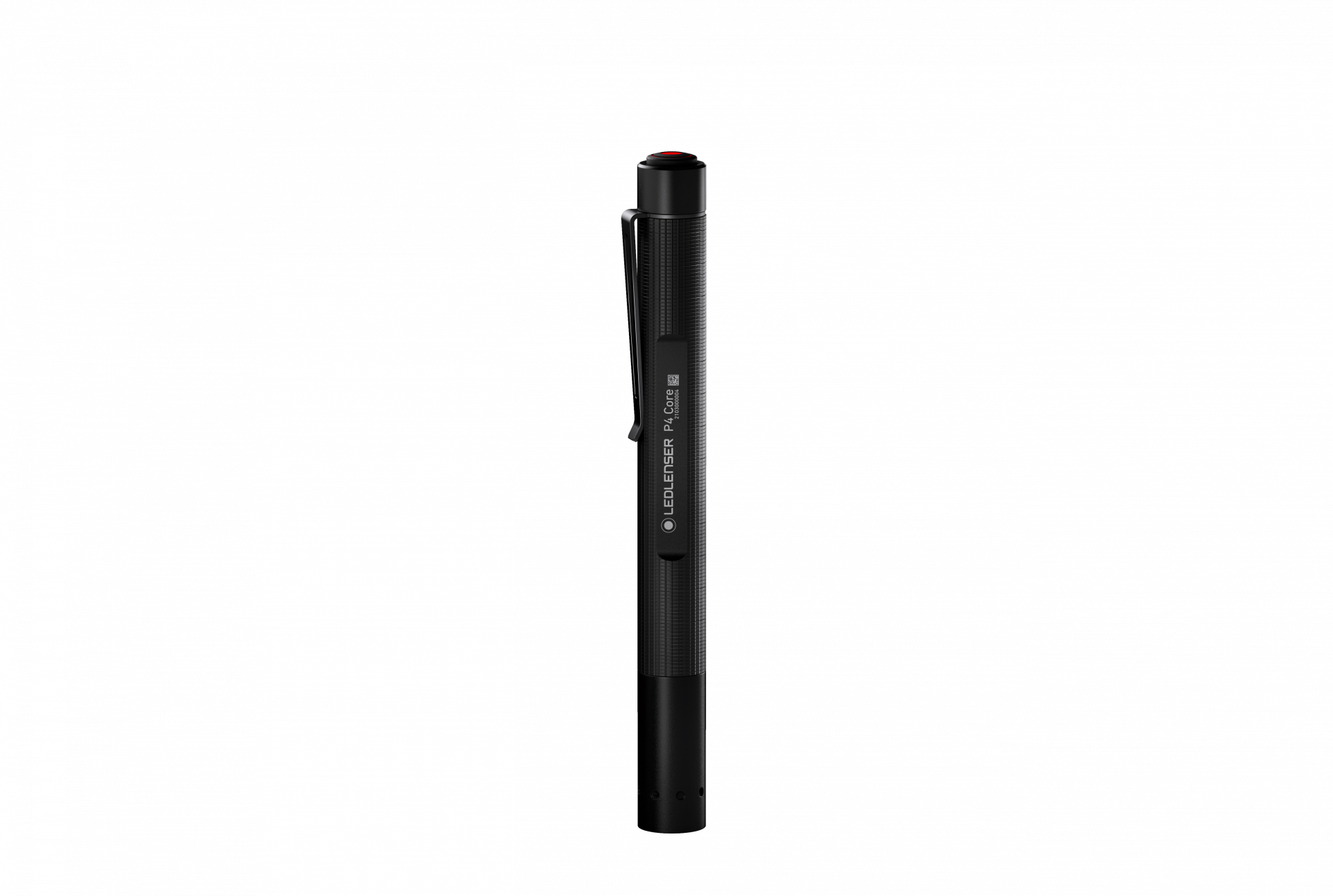 Czarna latarka w kształcie długopisu LED Lenser. Ma czerwony przycisk na górze i klips.