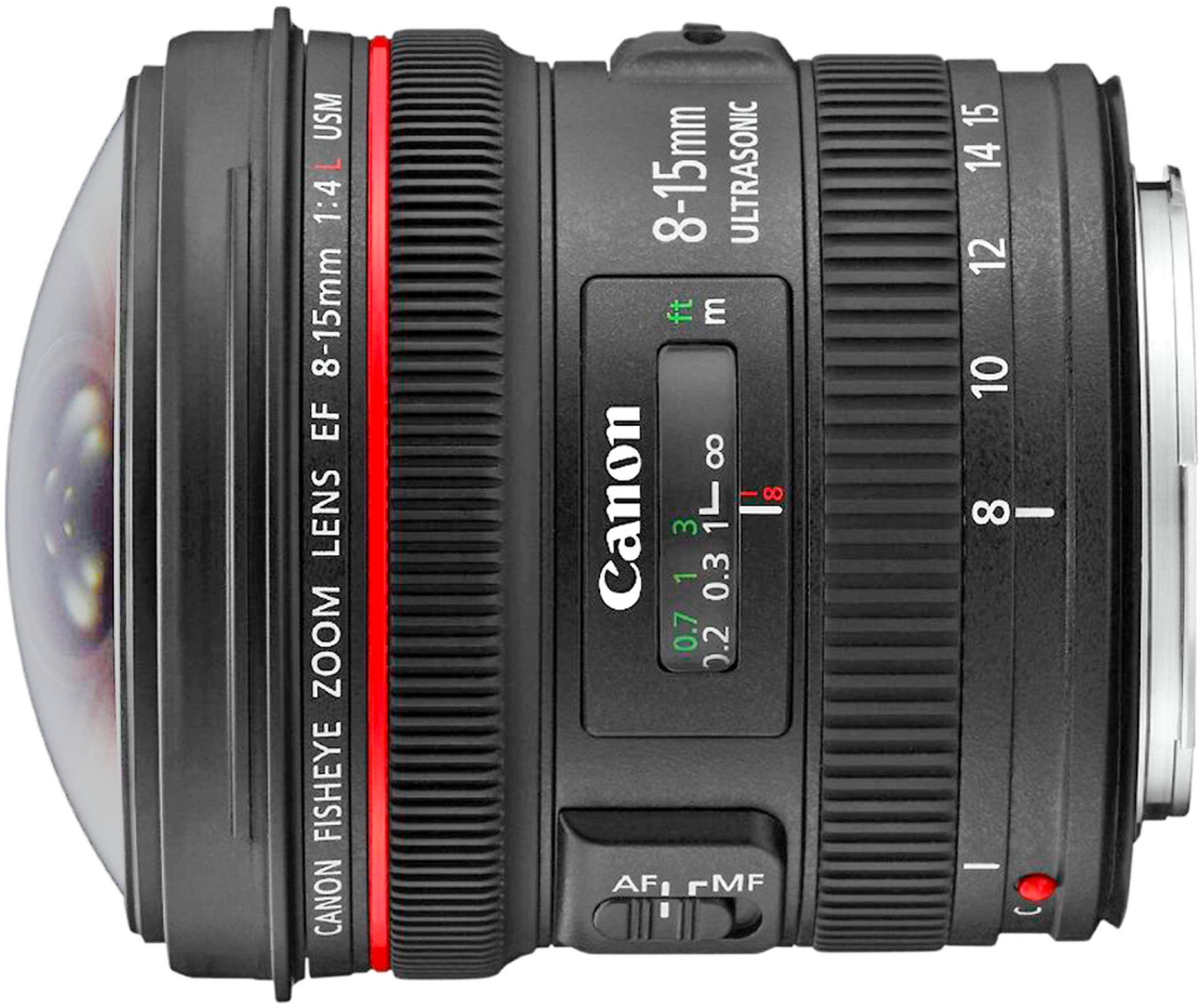 Obiektyw Canon fisheye zoom. Jest czarny z czerwonymi akcentami. Obiektyw jest na białym tle.