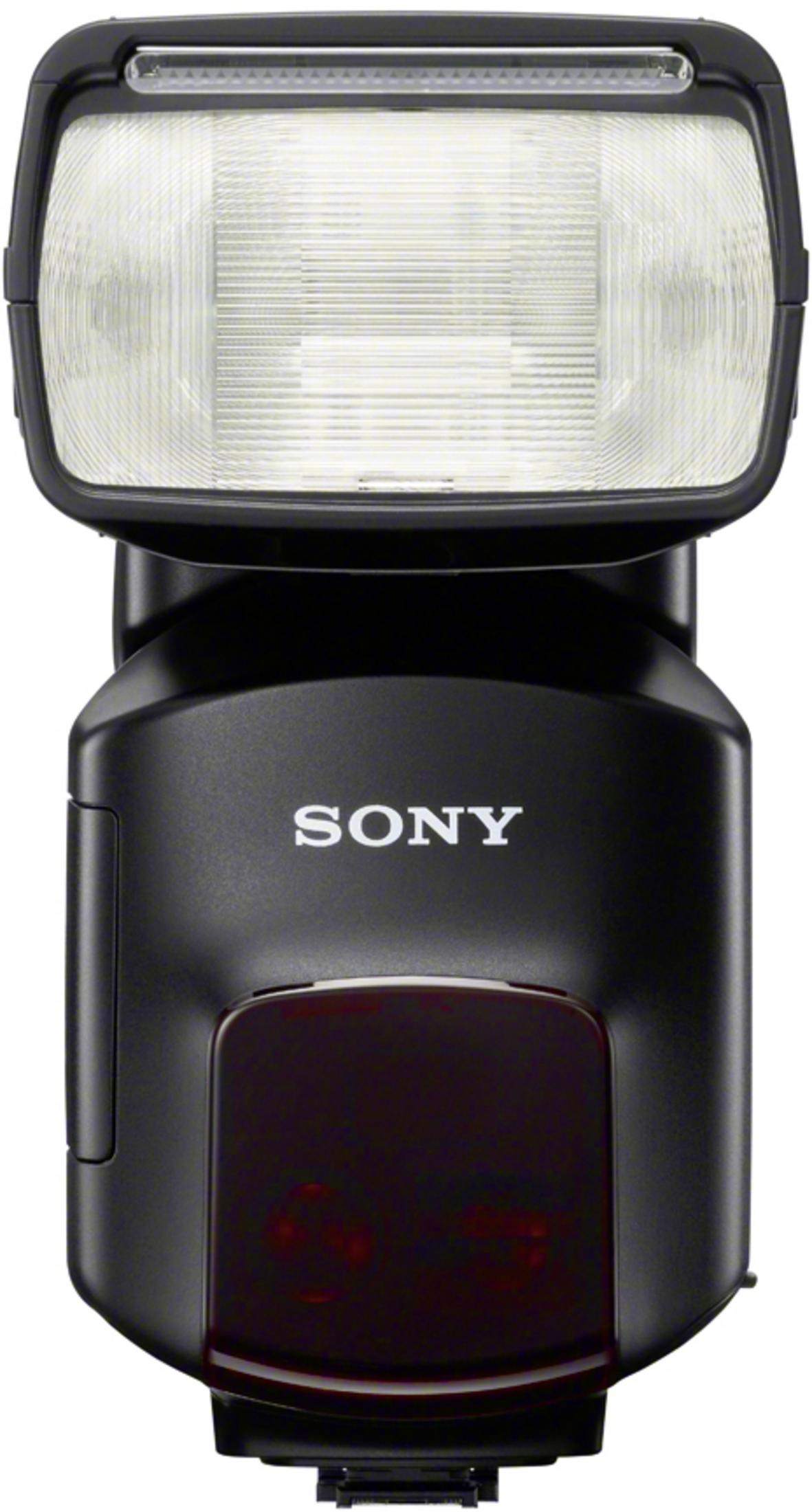 Ein schwarzer Sony-Blitz mit großem weißen Licht und rotem Licht unter dem Sony-Logo.