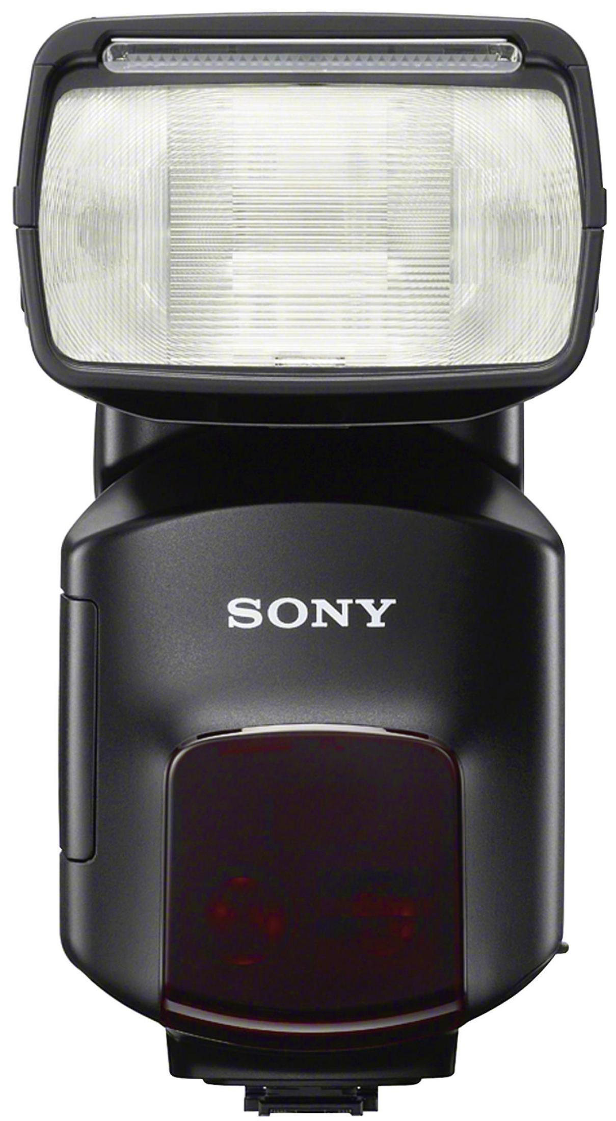 Ein schwarzer Sony-Blitz mit großem weißen Licht und rotem Licht unter dem Sony-Logo.