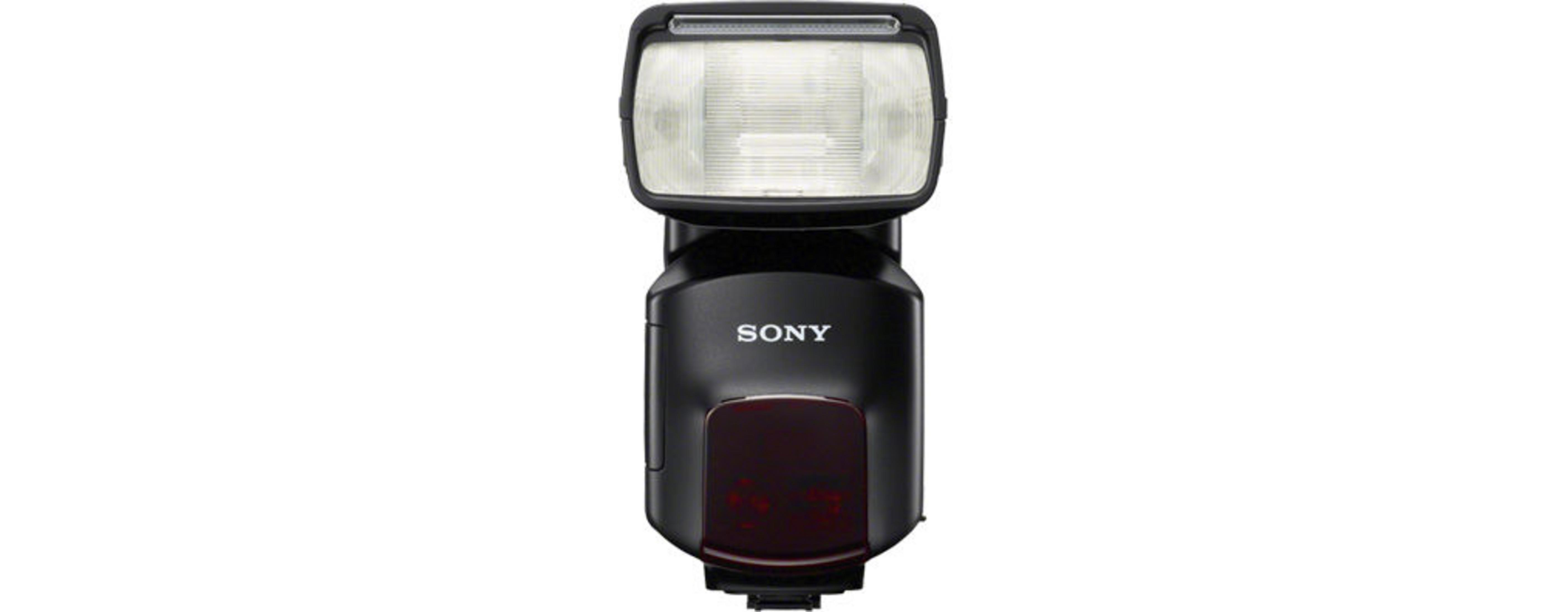 Ein schwarzer Sony-Blitz mit großem weißen Licht und rotem Licht unter dem Sony-Logo.