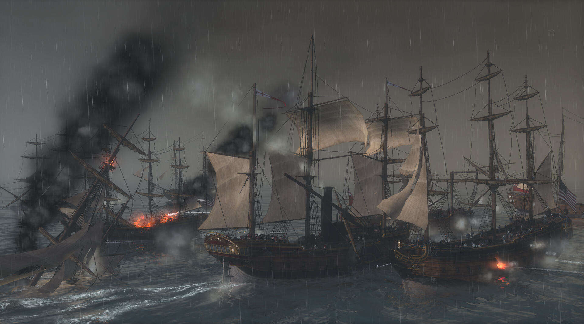 Navi in mare in tempesta sparano cannoni, con una nave in fiamme sullo sfondo e cielo scuro.