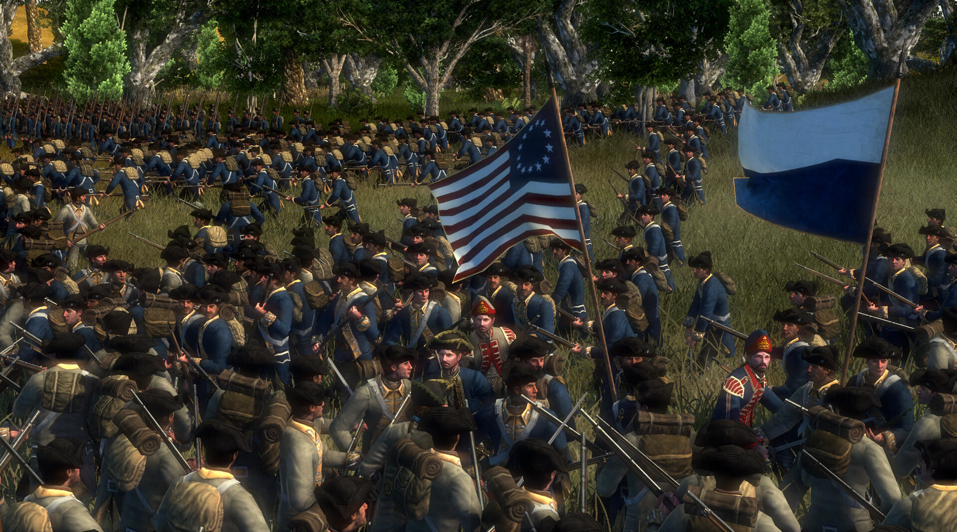 Scena di battaglia storica. Soldati in uniforme blu e bandiera americana.