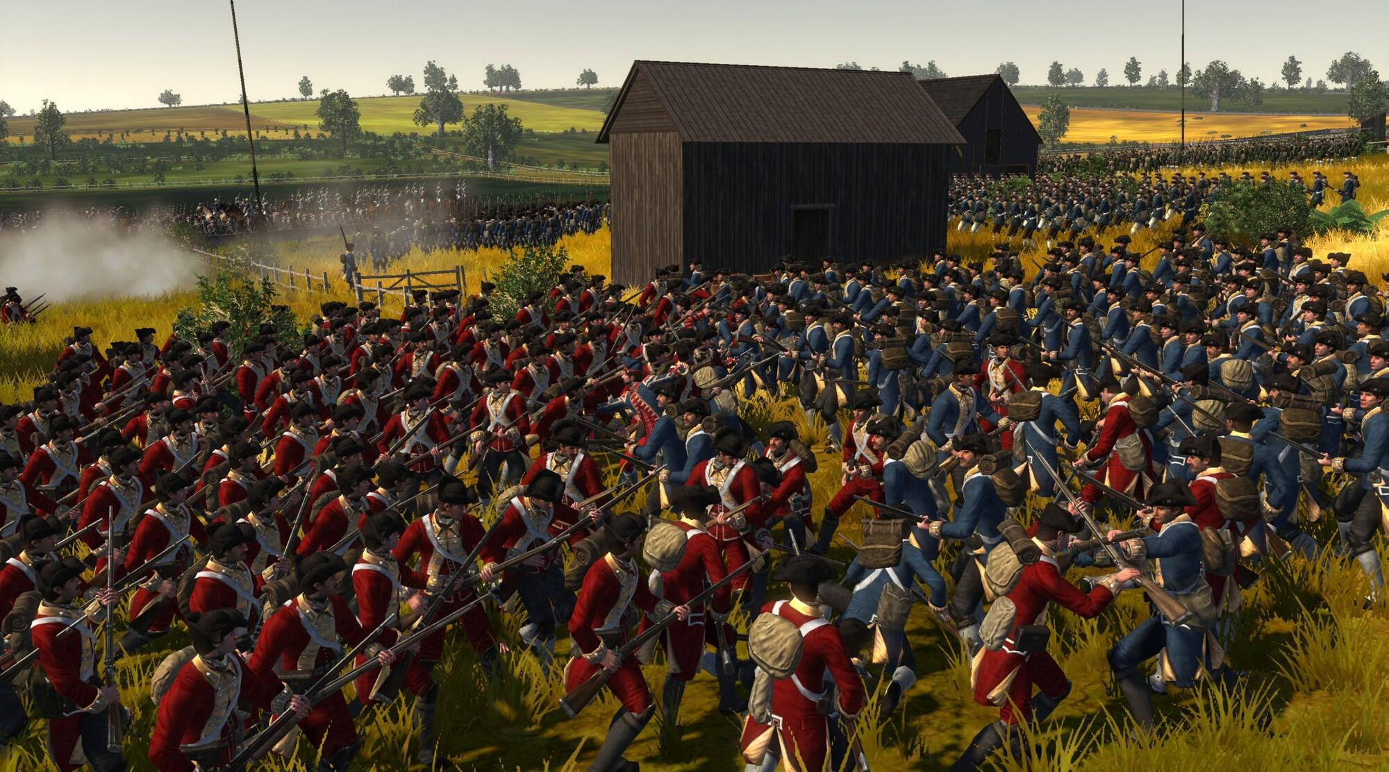 Scena di battaglia storica con soldati in uniforme rossa e blu, edifici sullo sfondo.
