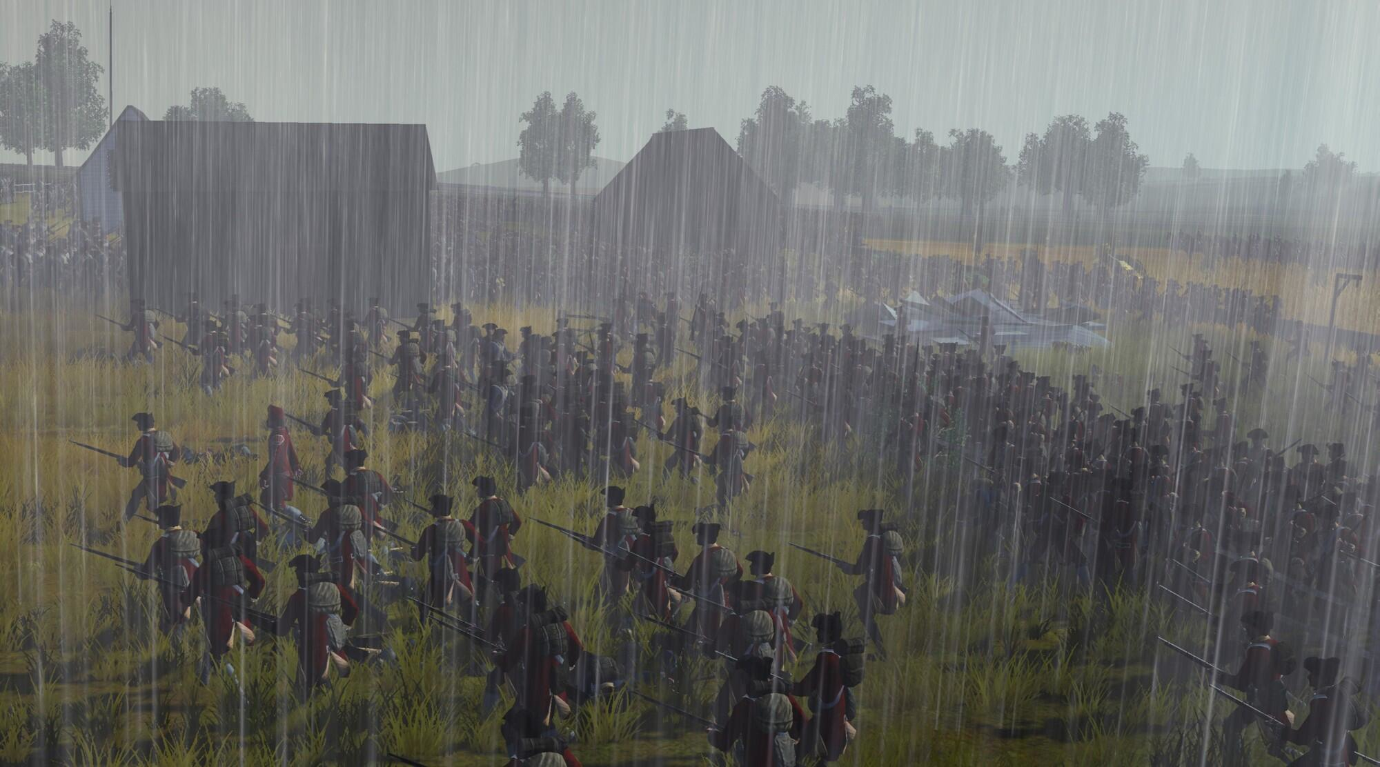 Una scena di battaglia storica sotto una forte pioggia. Soldati in cappotti rossi marciano attraverso un campo, di fronte allo spettatore.