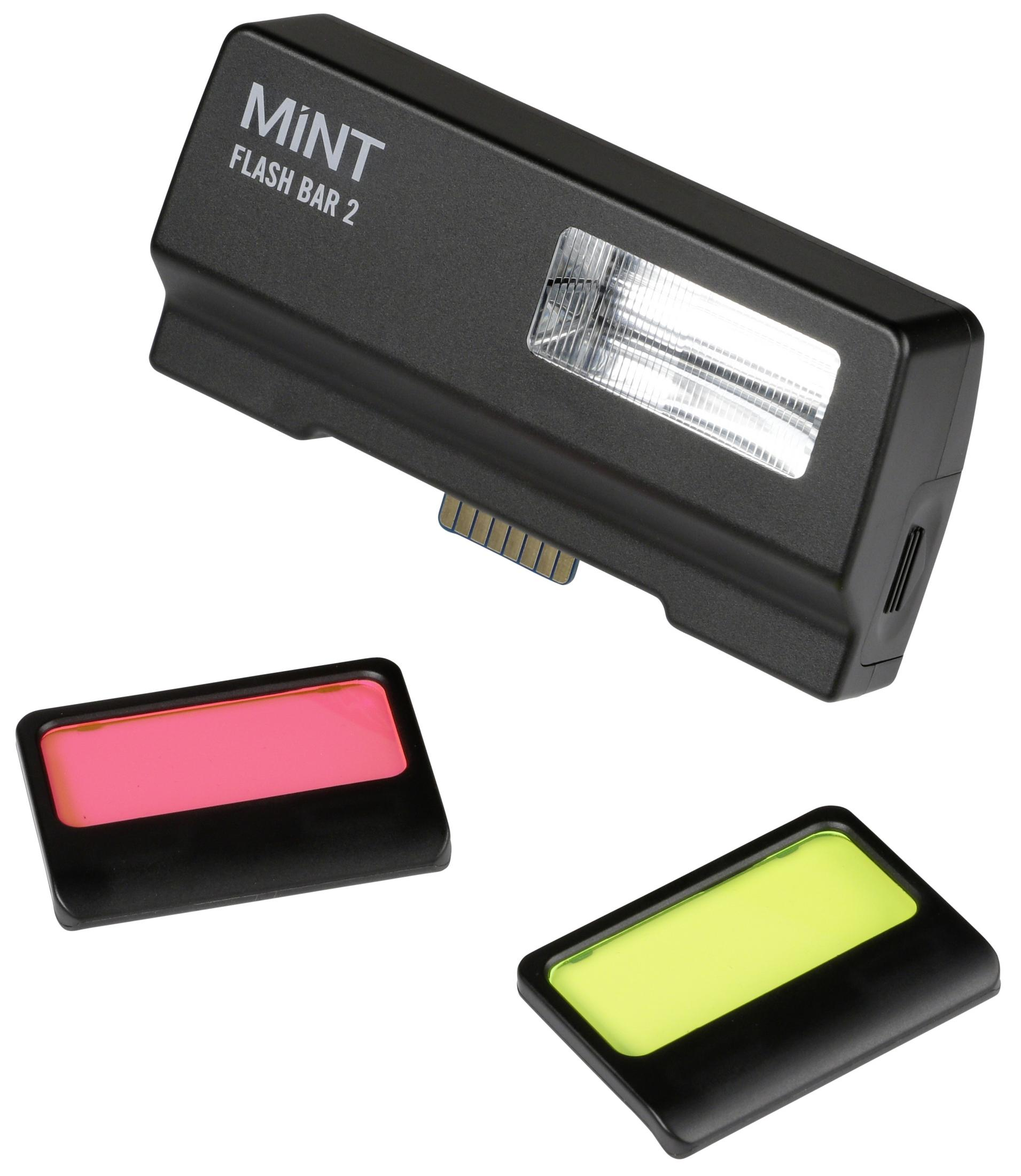 Czarny MINT Flash Bar 2 z różowymi i żółtymi filtrami kolorów.