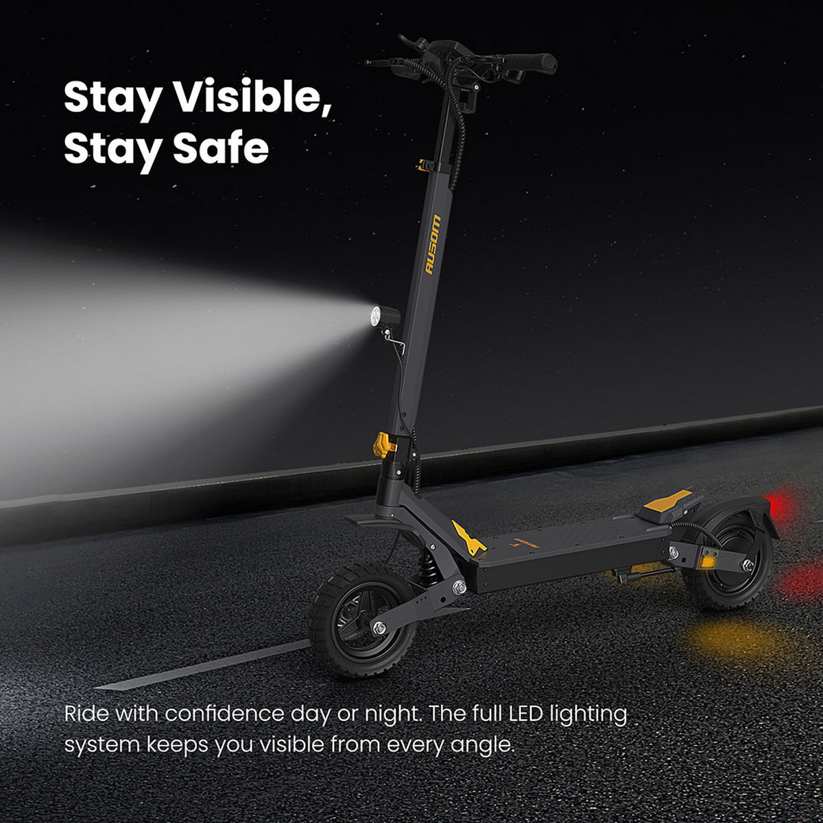 Czarno-żółta hulajnoga elektryczna ze światłami na ciemnej drodze.