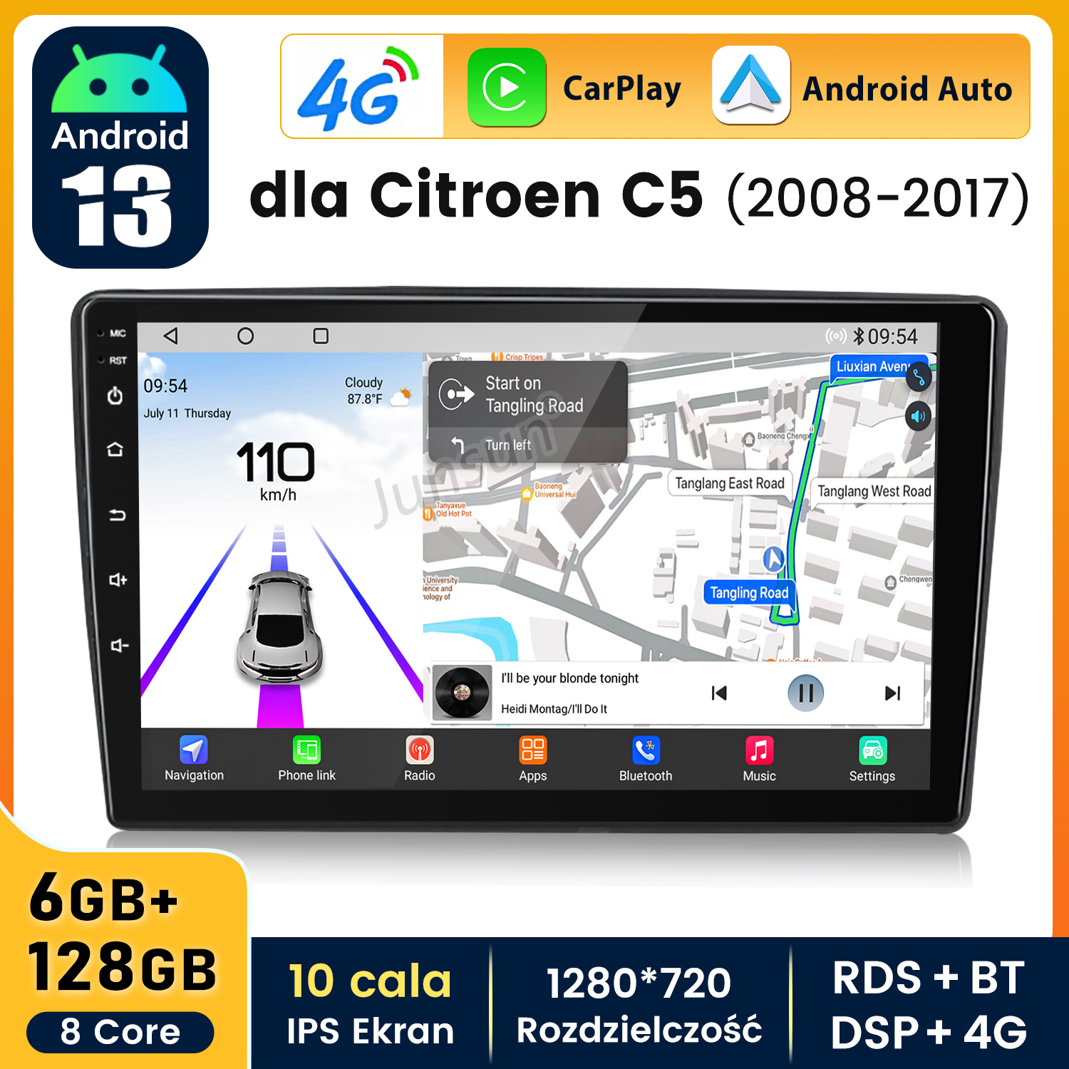 Interfejs radia samochodowego z mapą i nawigacją, Android 13, loga CarPlay i Android Auto.
