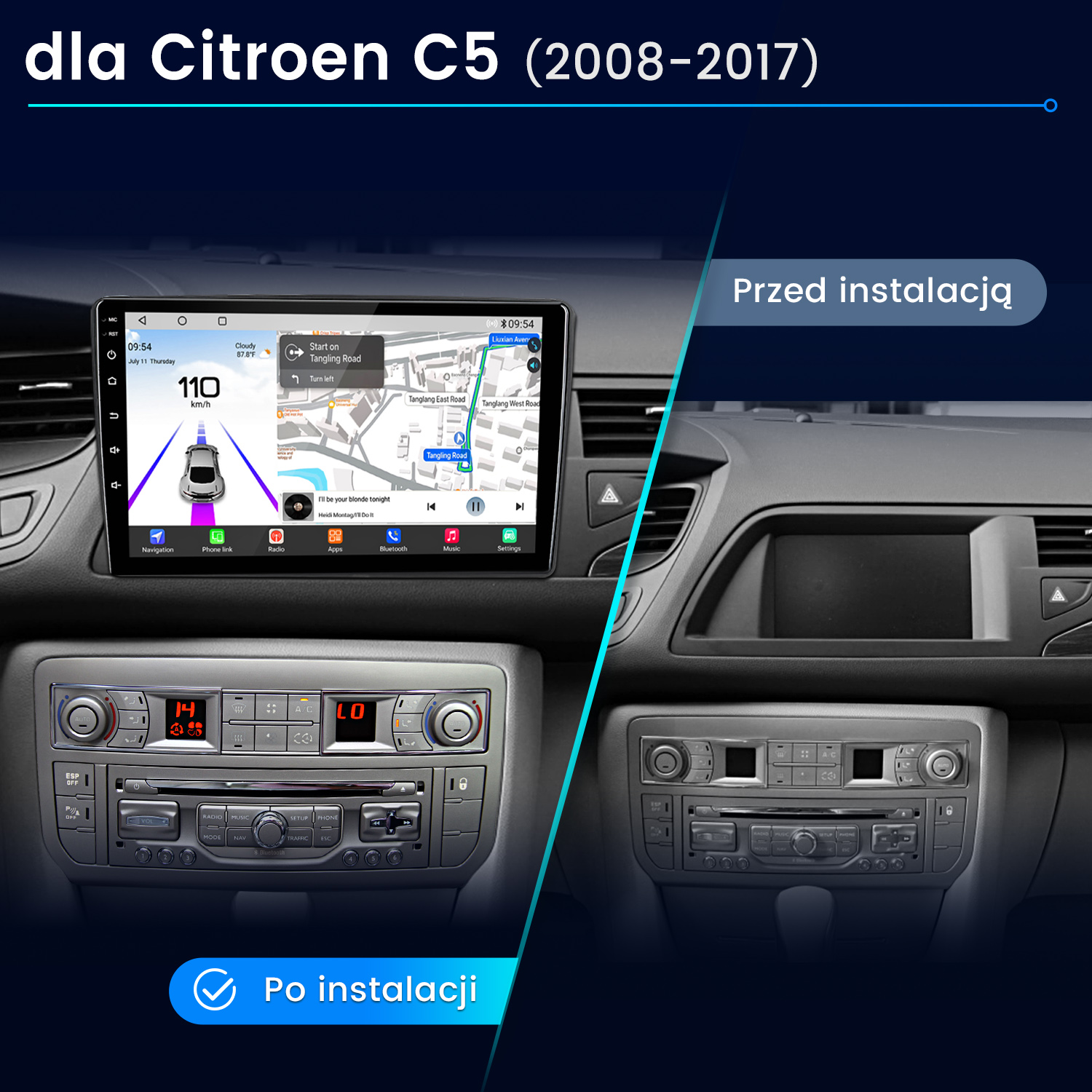 Deska rozdzielcza samochodu z zainstalowanym ekranem nawigacji, przed i po, dla Citroena C5 (2008-2017).