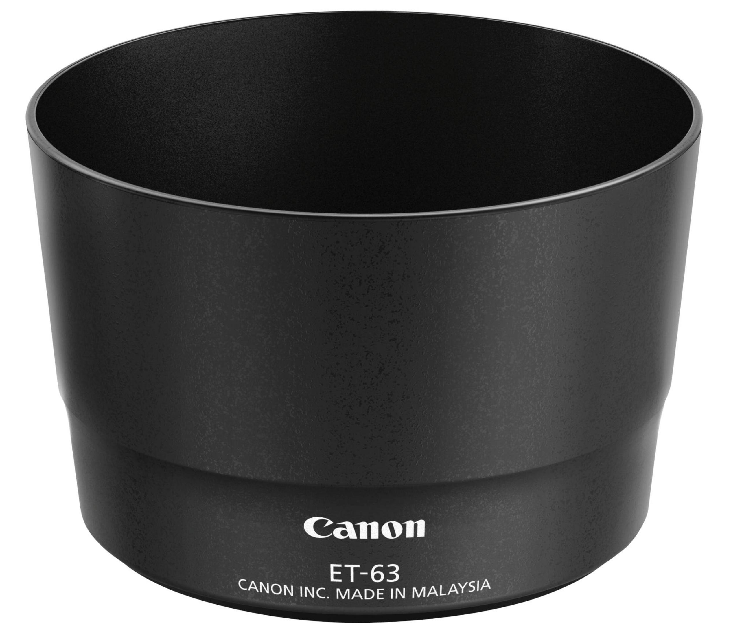 Nahaufnahme einer schwarzen Objektivsonnenblende mit Canon ET-63-Etikett.