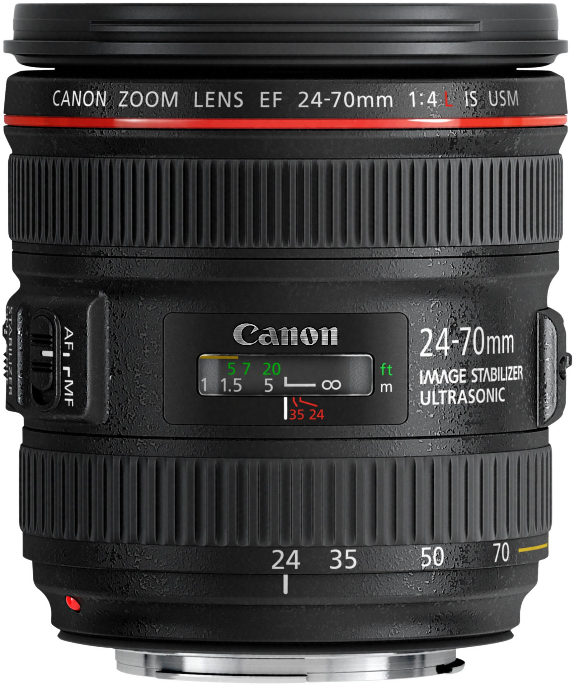 Nahaufnahme eines schwarzen Canon-Objektivs mit Fokus- und Zoomringen und Bildstabilisator-Details. Beschriftet 24-70mm.