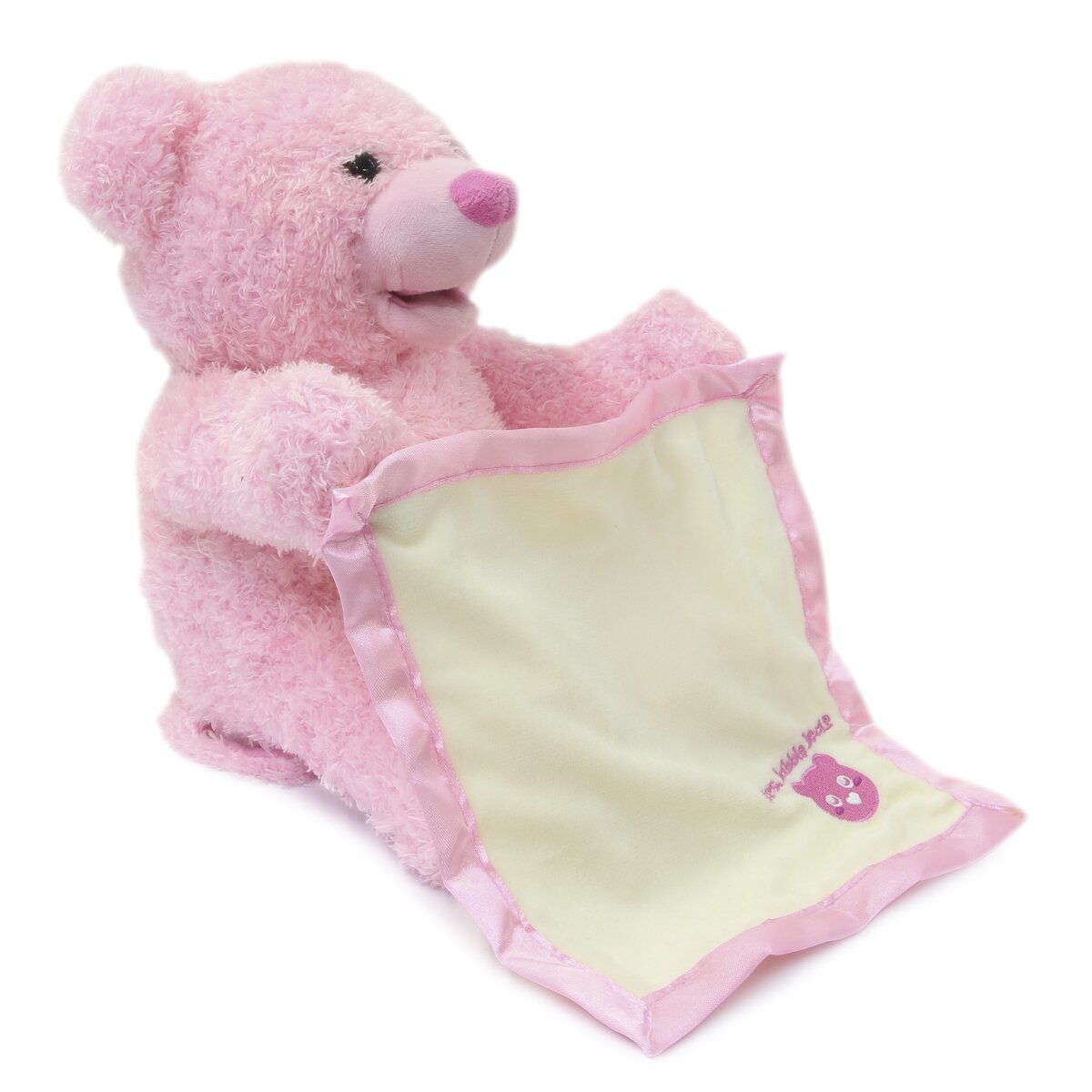 Rosa Teddybär hält eine cremefarbene Decke mit rosa Besatz. Die Decke hat eine rosa Bärenillustration.
