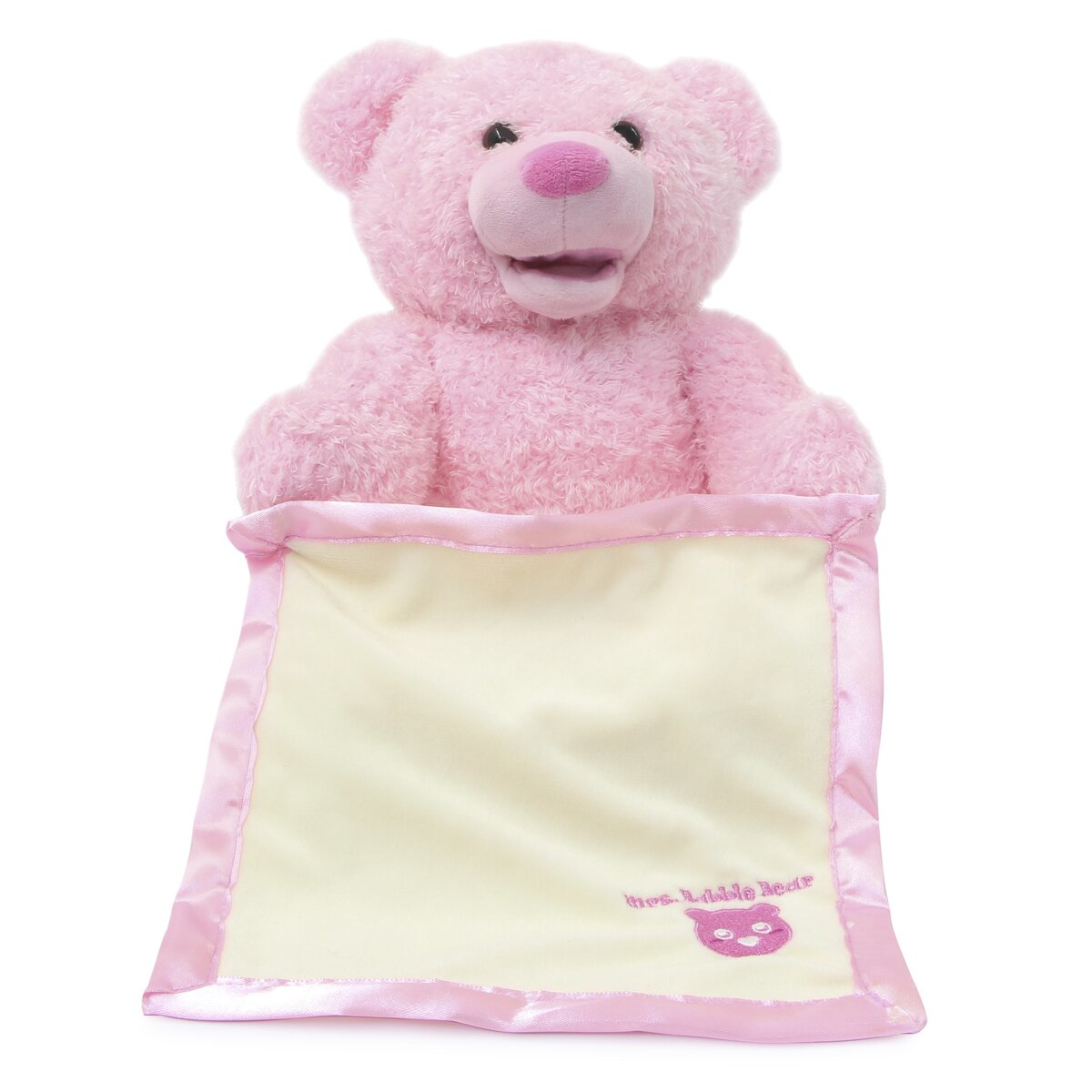 Rosa Teddybär-Puppe mit einer cremefarbenen Decke, bestickt mit einem Logo.