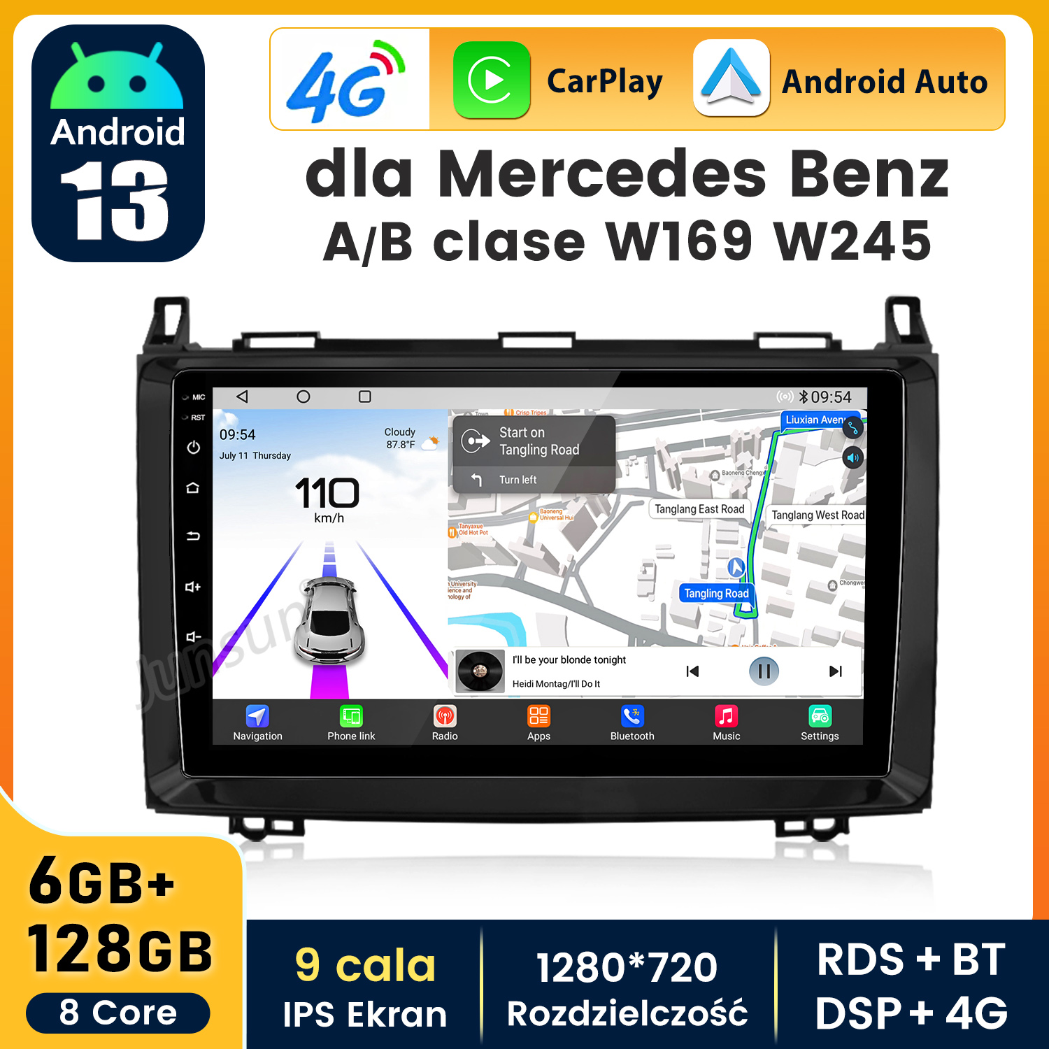 Ekran radia samochodowego dla Mercedes-Benz Klasy A/B. Pokazuje nawigację, radio, aplikacje i opcje Bluetooth.