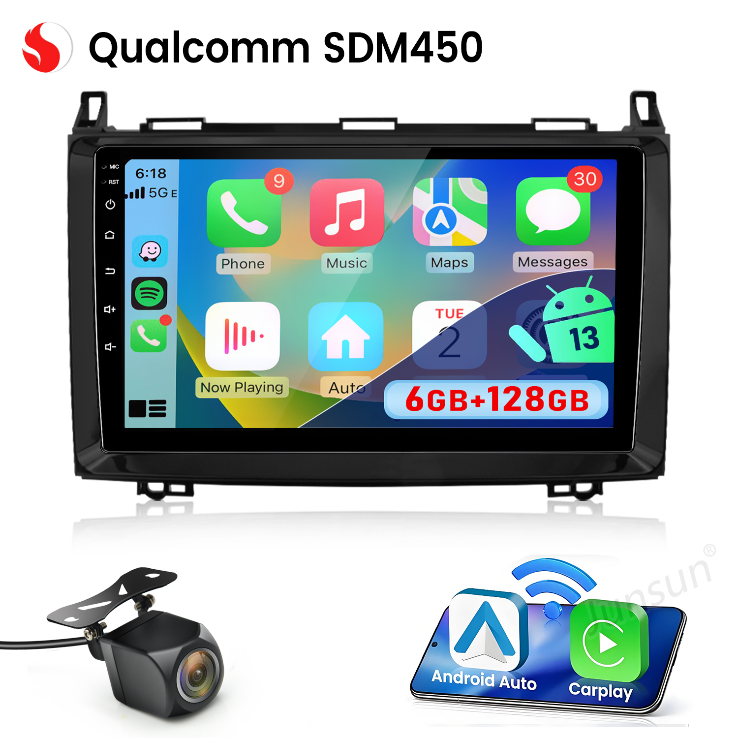 Ekran radia samochodowego z ikonami aplikacji. Posiada kamerę cofania i logo Android Auto/Carplay.