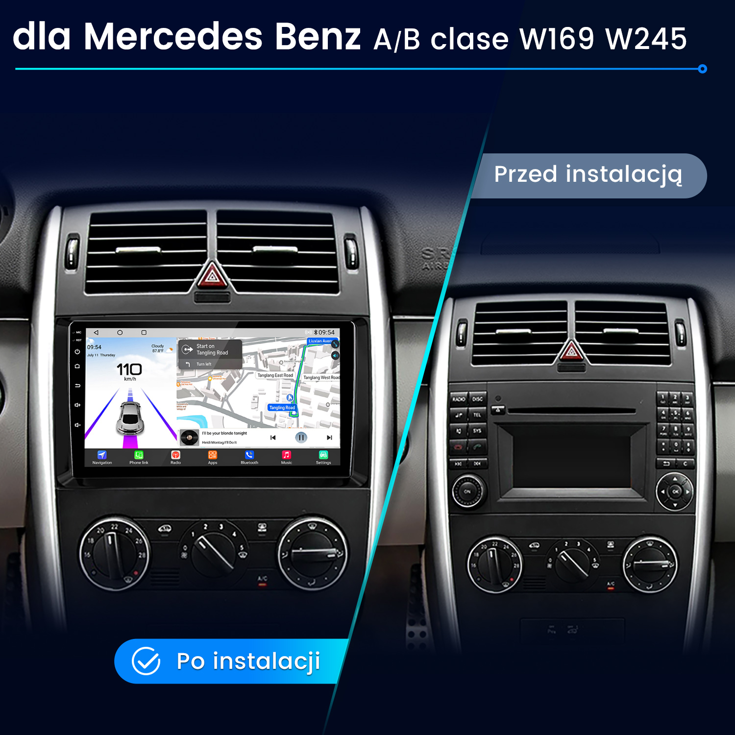 Porównanie deski rozdzielczej dla Mercedes Benz klasy A/B, przed i po instalacji.