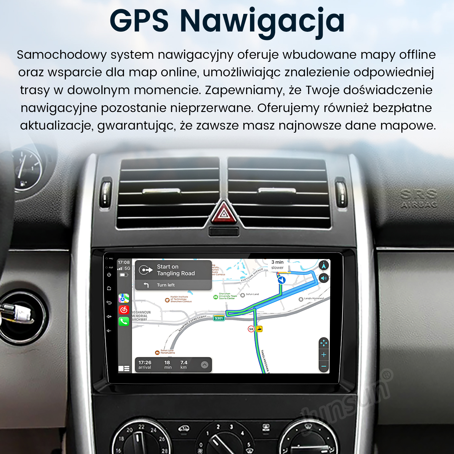 Radio samochodowe z mapą nawigacji. Ekran wyświetla aktualną lokalizację i wskazówki.