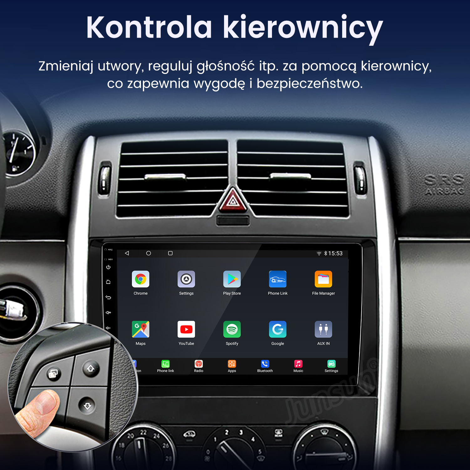 Deska rozdzielcza samochodu wyświetlająca interfejs dotykowy z ikonami aplikacji i elementami sterowania kierownicą.