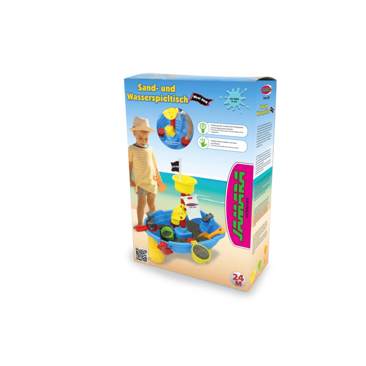 Spielzeug-Sand- und Wassertisch in einer Box. Ein Kind wird daneben gezeigt.