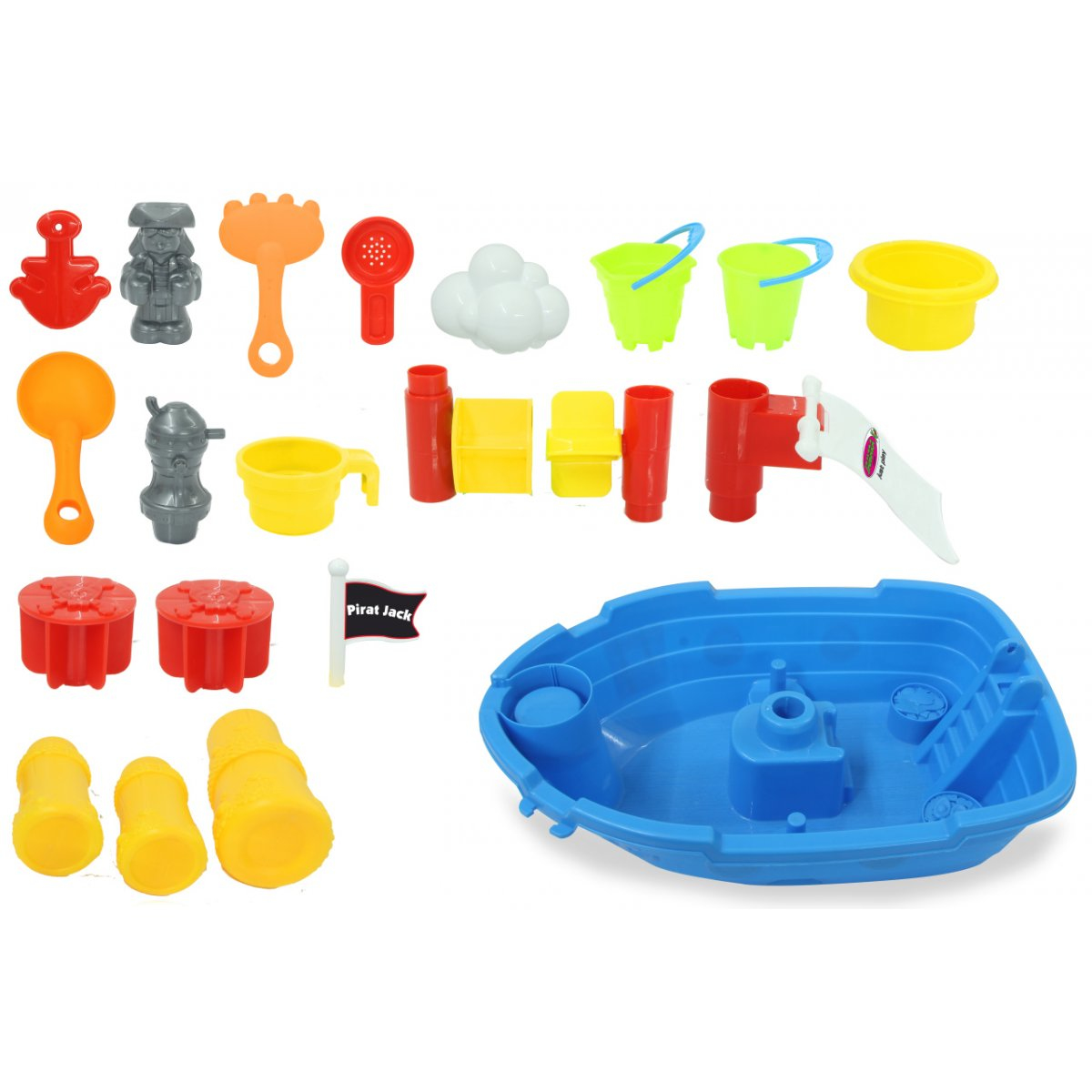 Ein Satz farbenfroher Spielzeug-Strandaccessoires, darunter ein Boot und verschiedene Werkzeuge auf weißem Hintergrund.