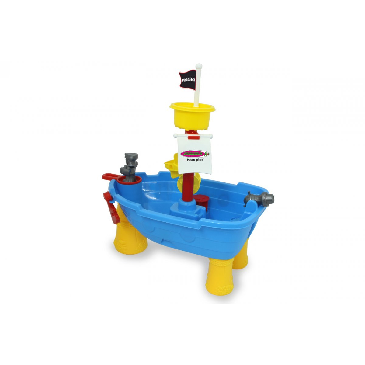 Spielzeugboot mit Flagge, gelbem Mast und roten Details auf weißem Hintergrund.