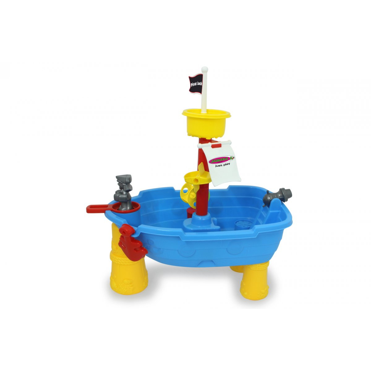 Blaues Spielzeugboot mit Flagge. Hat gelbe Beine und einen roten Mast.