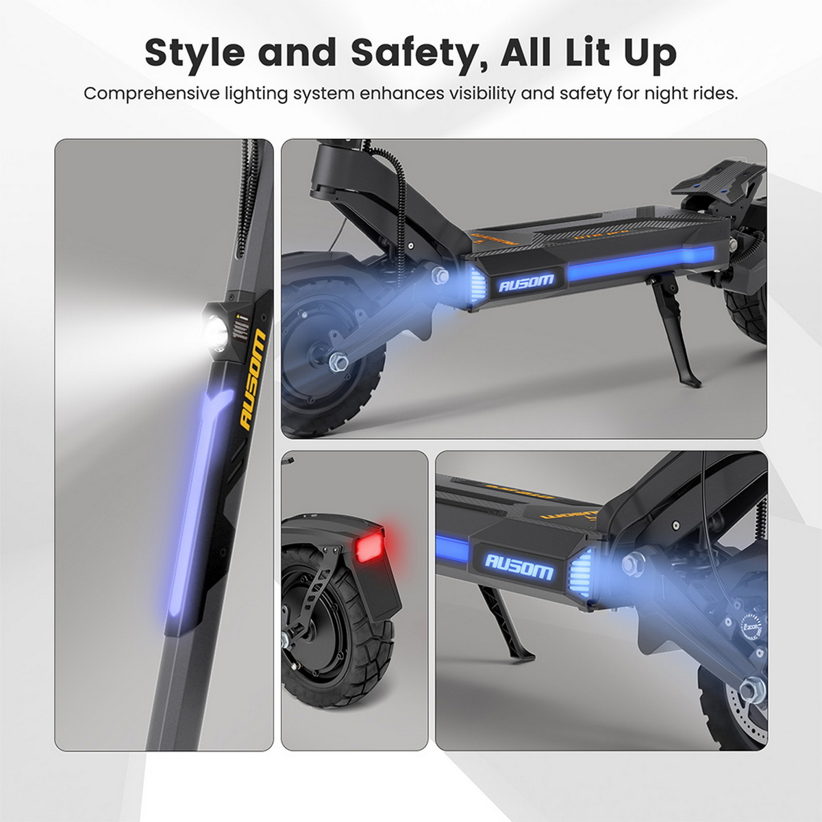 Zbliżenie świateł skutera: reflektor, światła boczne i światło tylne.