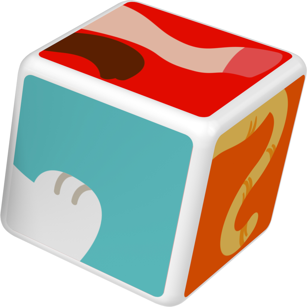 Un cube blanc avec une patte de chat bleue, des motifs rouges et oranges sur les côtés.