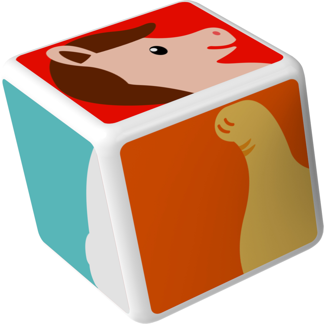 Un cube blanc avec une tête de cheval, un côté bleu et des côtés à motifs orange.