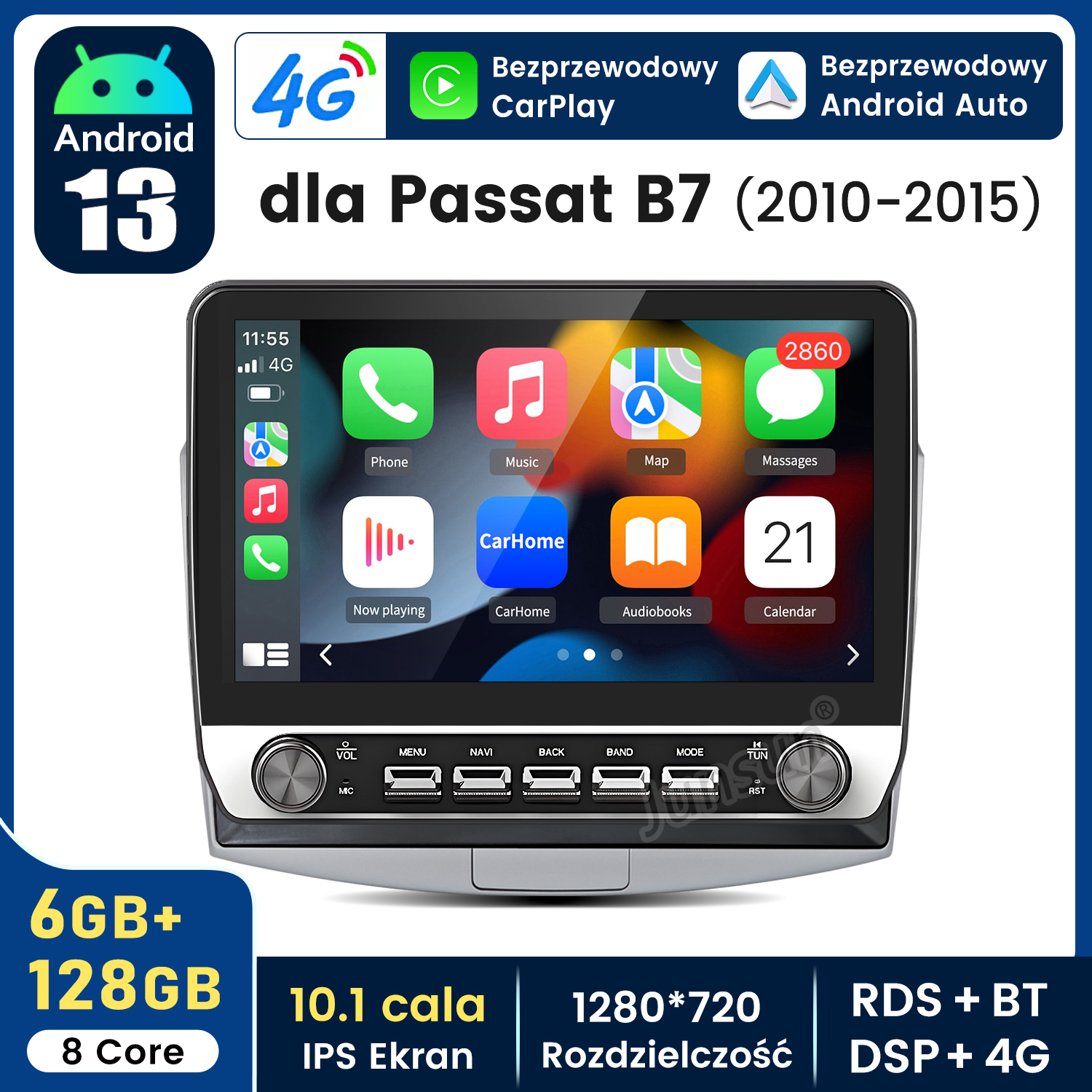 Ekran systemu multimedialnego samochodu z ikonami i przyciskami.